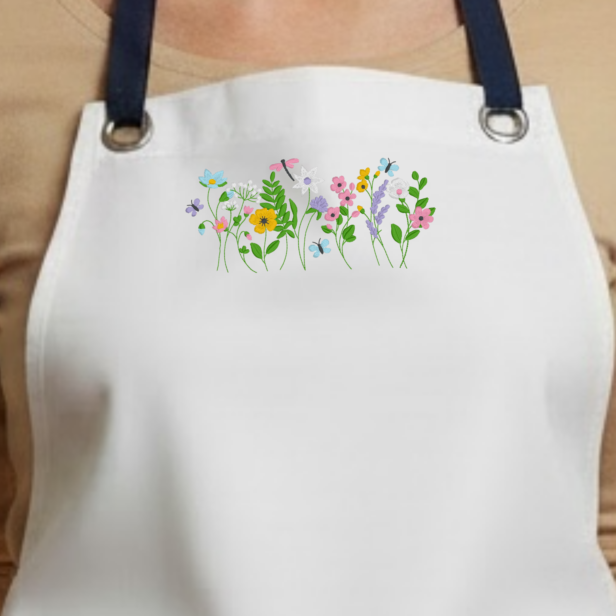 Embroidered Apron - Flowers, Dragonflies, Butterflies