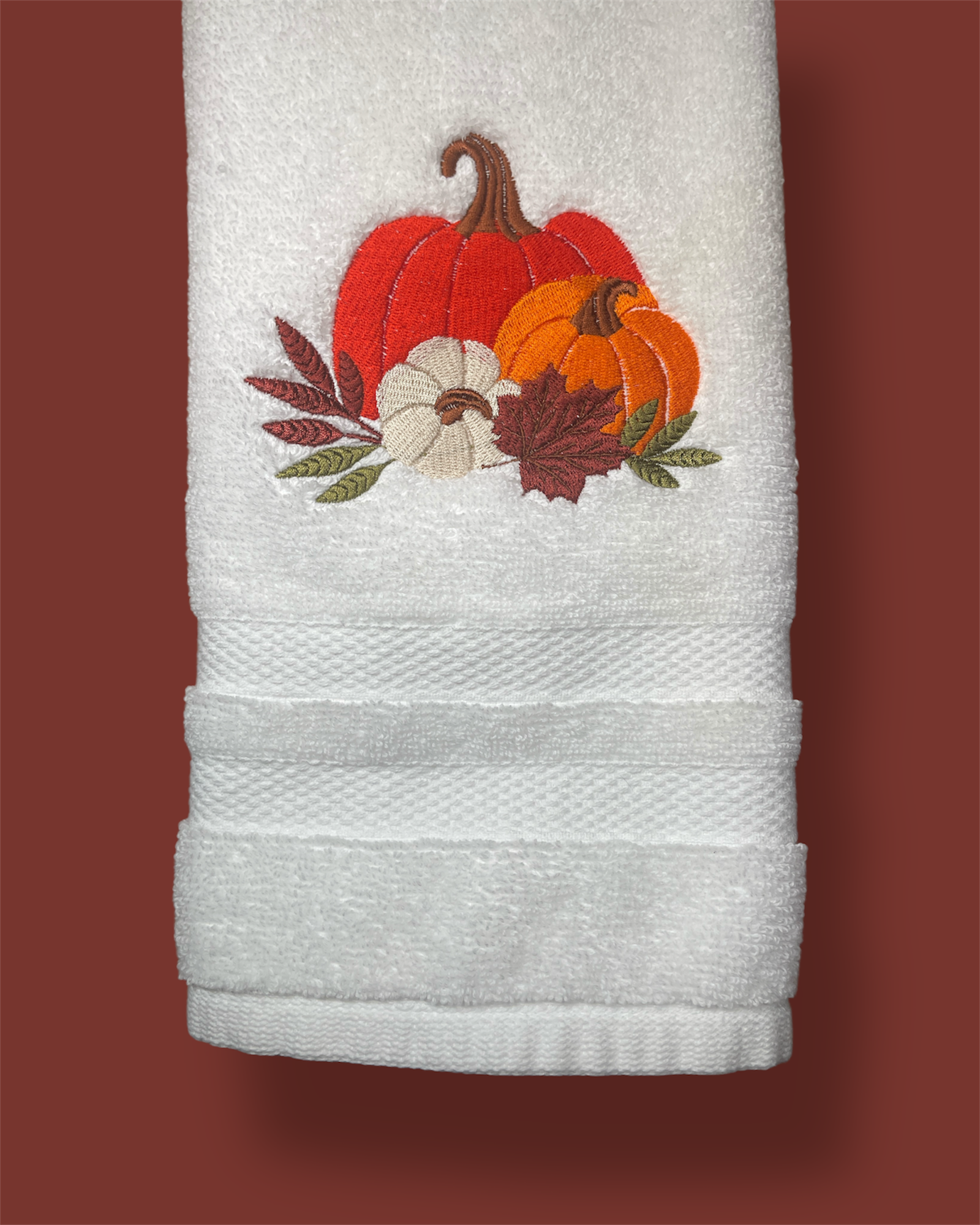 Embroidered Hand Towel Pumpkins Leaves