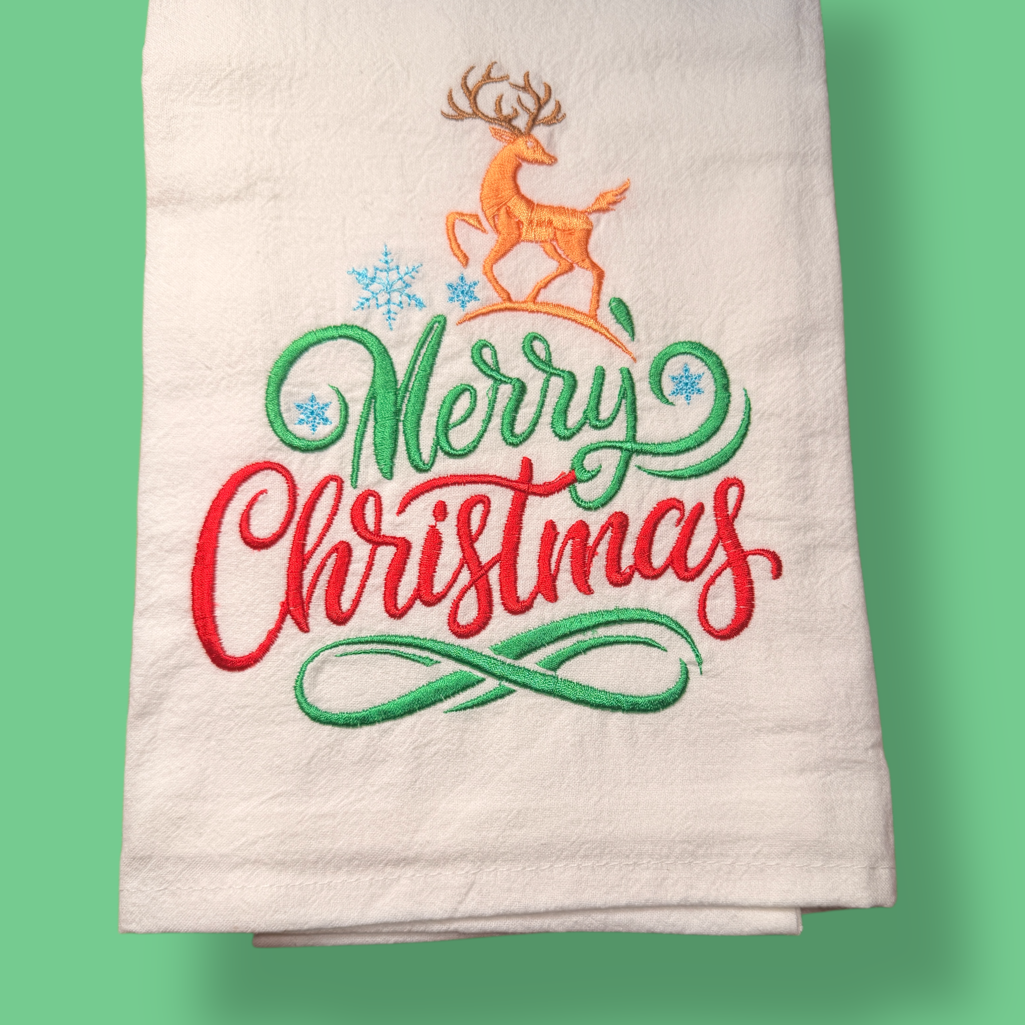 Embroidered Tea Towel - Merry Christmas Reindeer