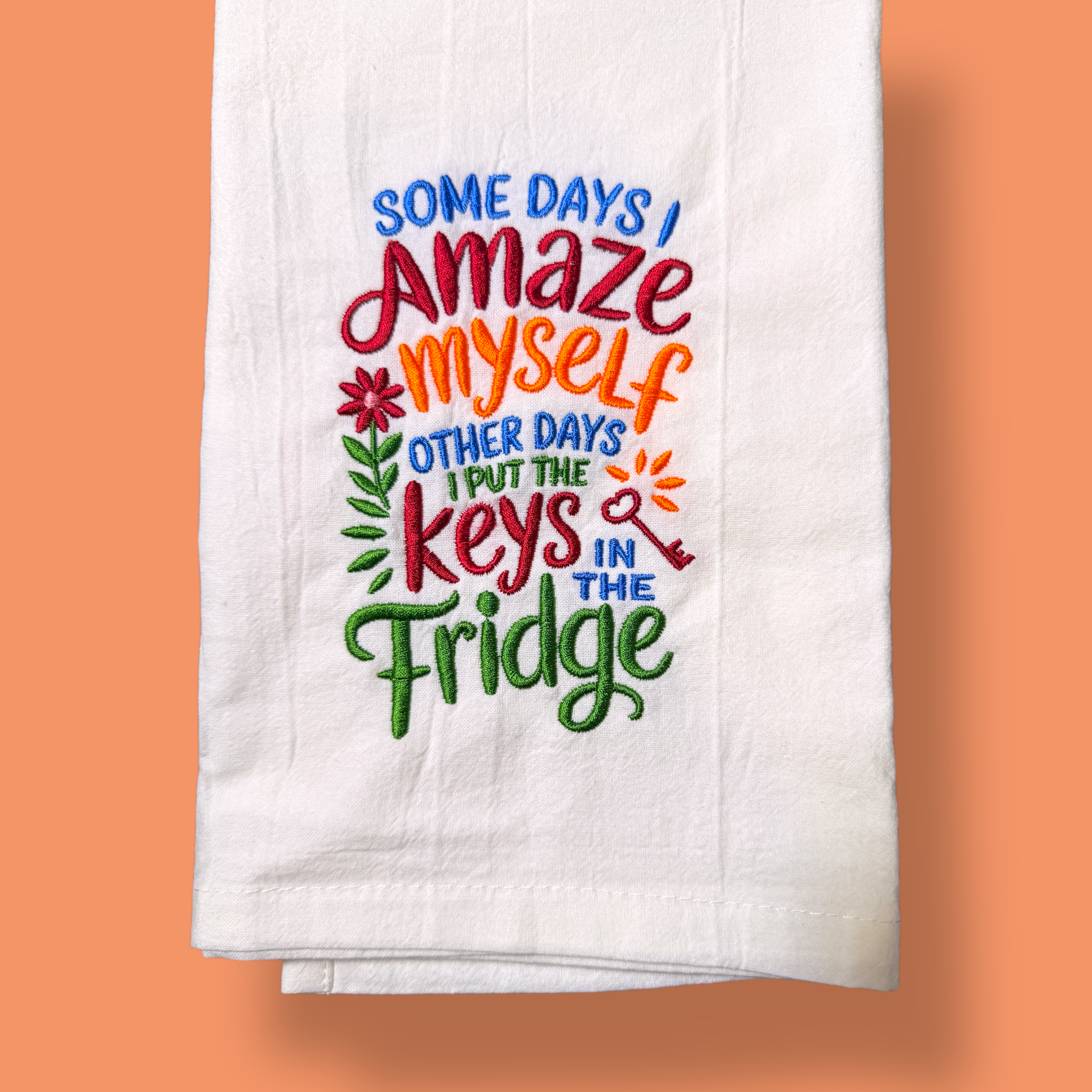 Embroidered Tea Towel - Keys In The Fridge