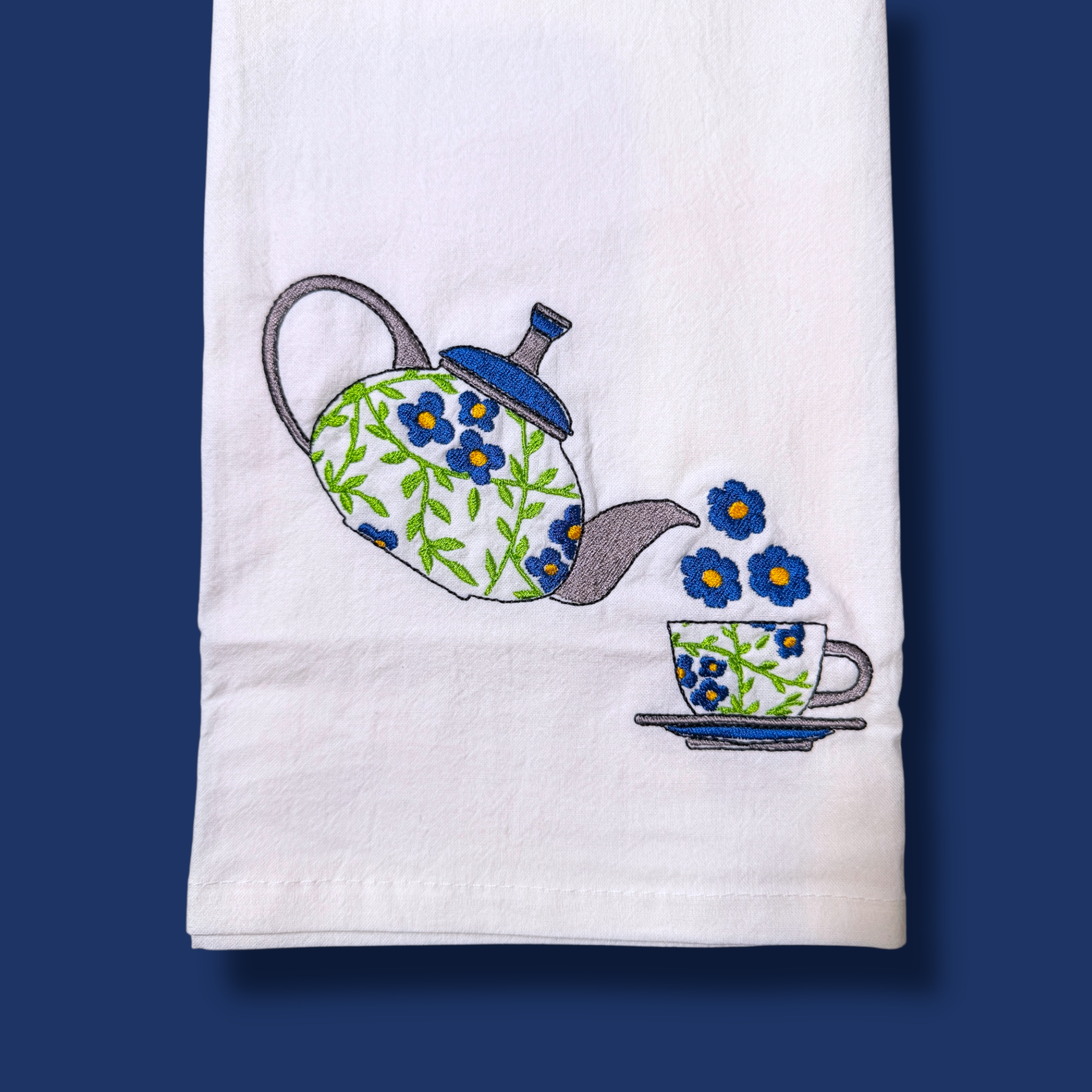 Embroidered Tea Towel - Teapot And Cup