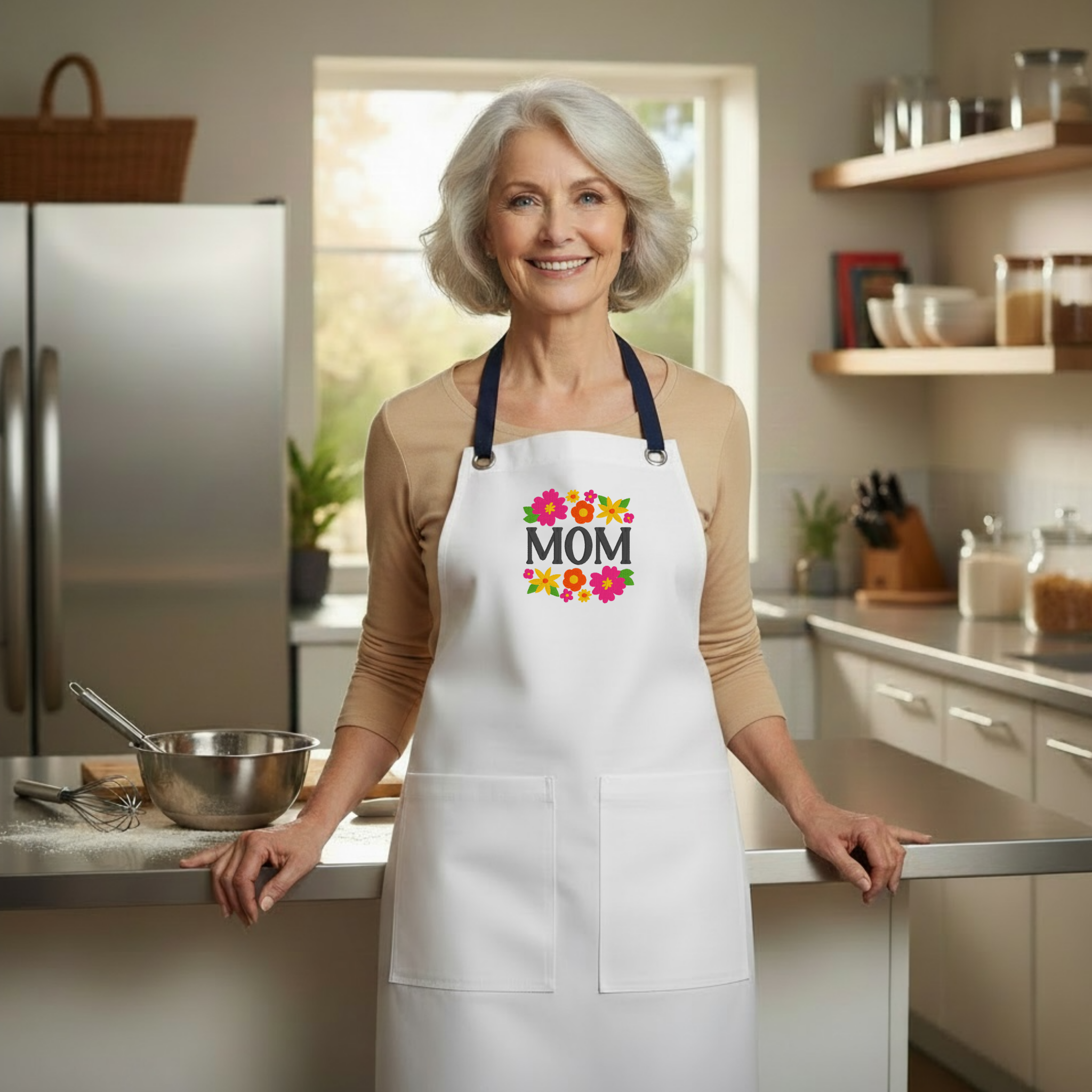 Embroidered Apron - Mom With Flowers