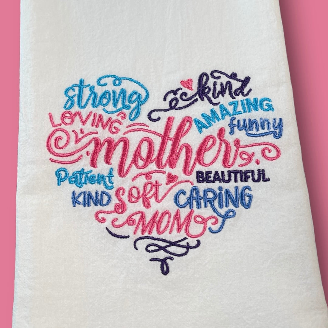 Embroidered Tea Towel - Mother - Heart With Words