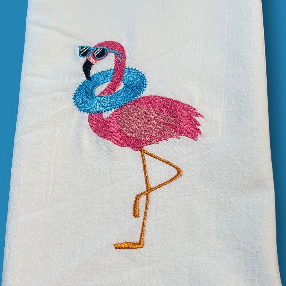 Embroidered Tea Towel - Flamingo - Sunglasses And Floatie