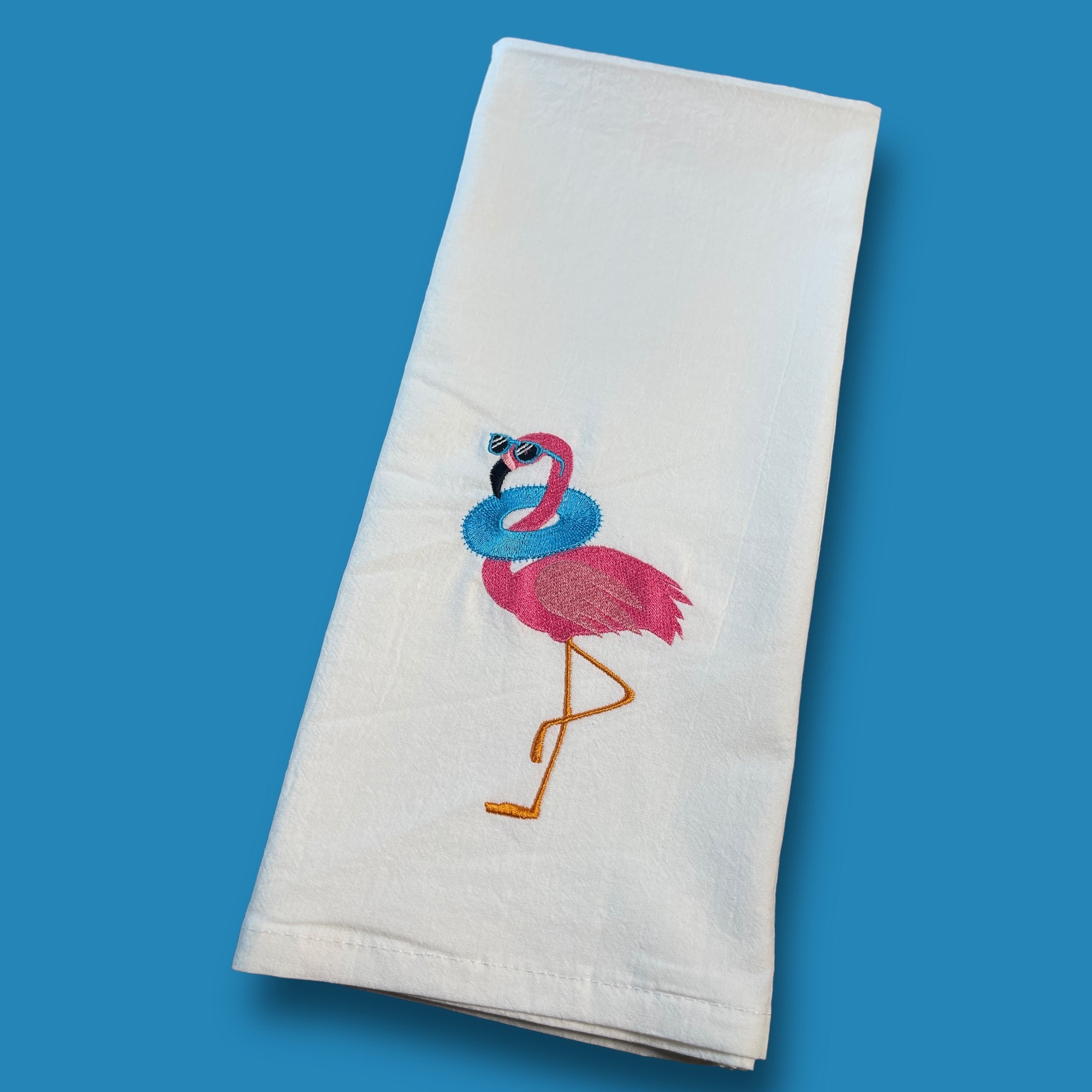 Embroidered Tea Towel - Flamingo - Sunglasses And Floatie