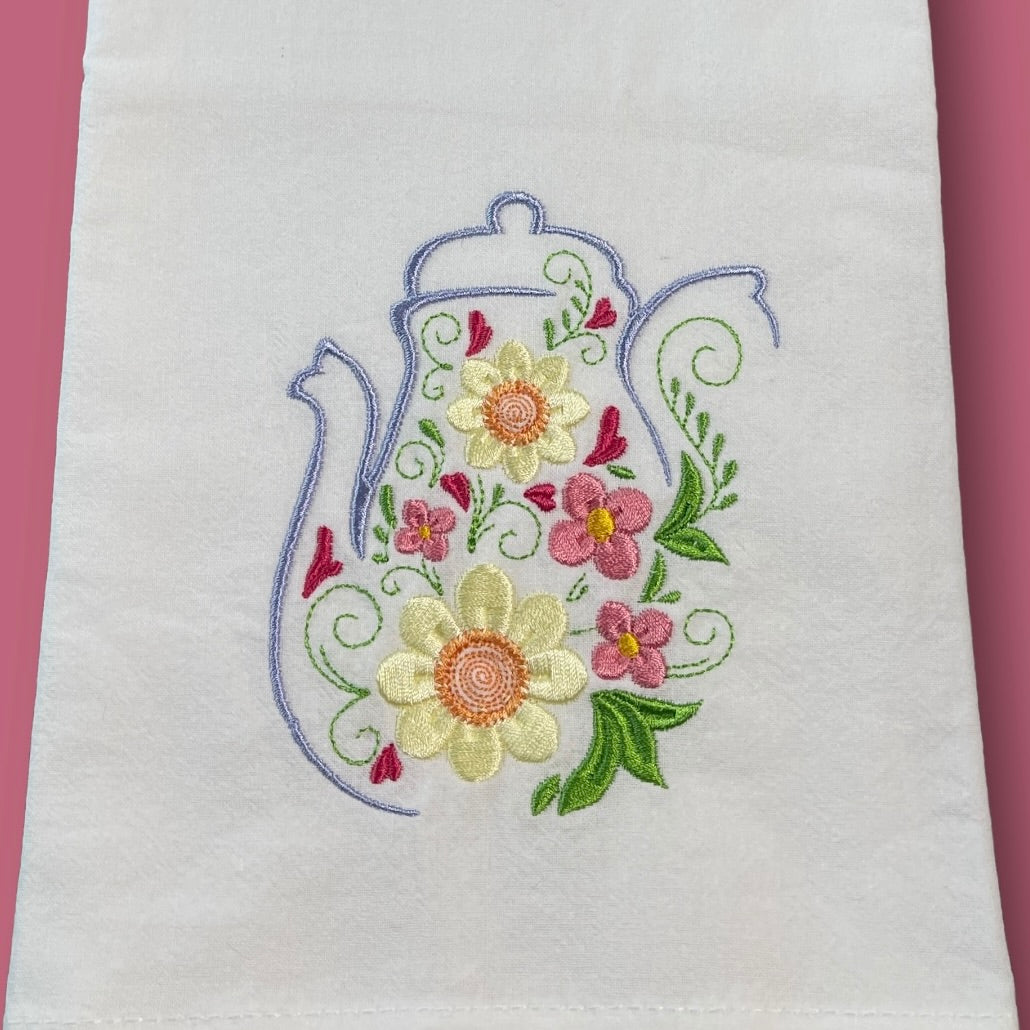 Embroidered Tea Towel - Floral Tea Pot