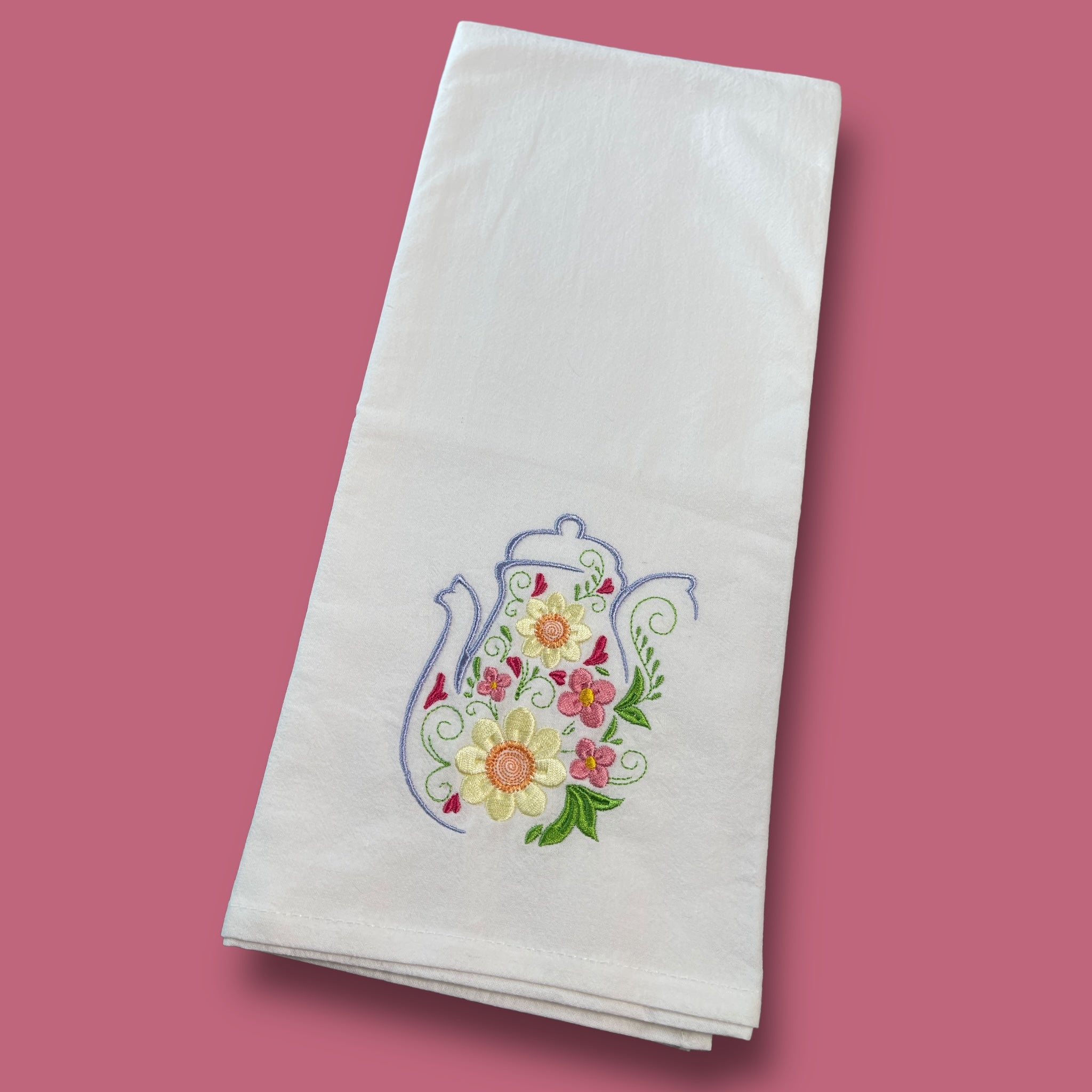 Embroidered Tea Towel - Floral Tea Pot