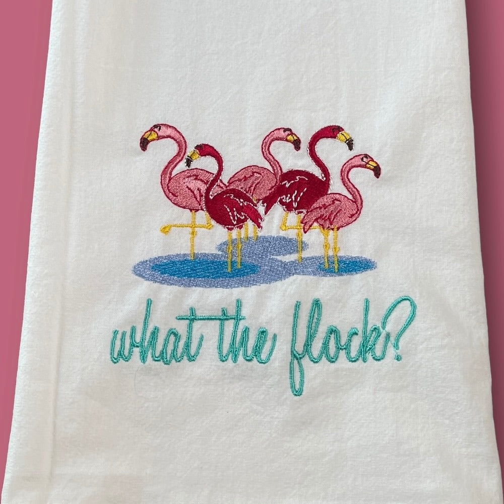 Embroidered Tea Towel - Flamingos - What The Flock?