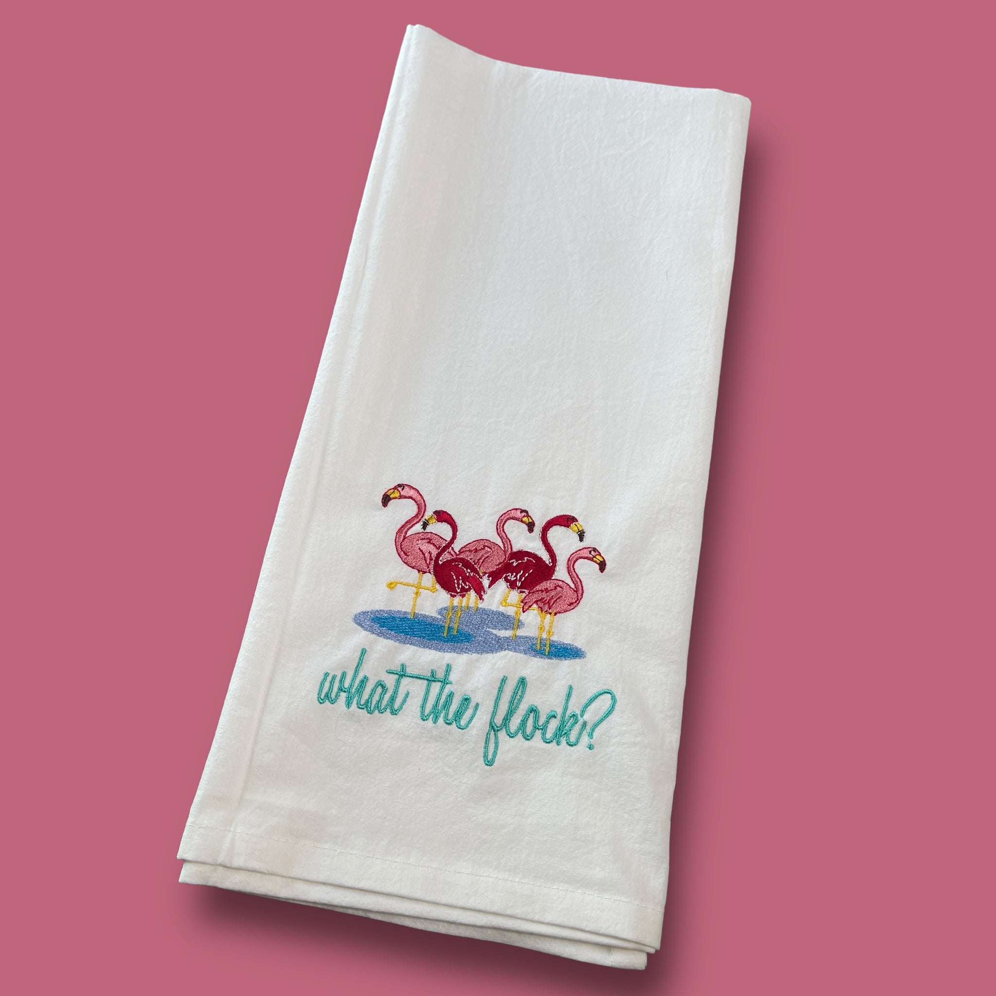 Embroidered Tea Towel - Flamingos - What The Flock?