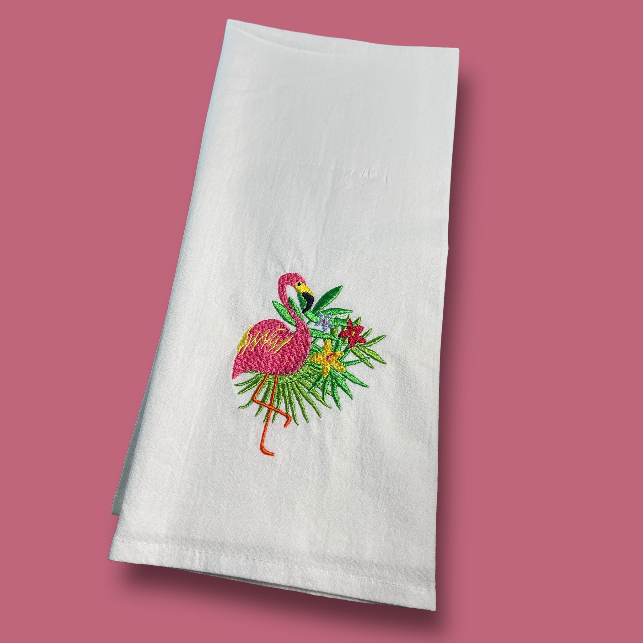 Embroidered Tea Towel - Flamingo - Tropical Flowers