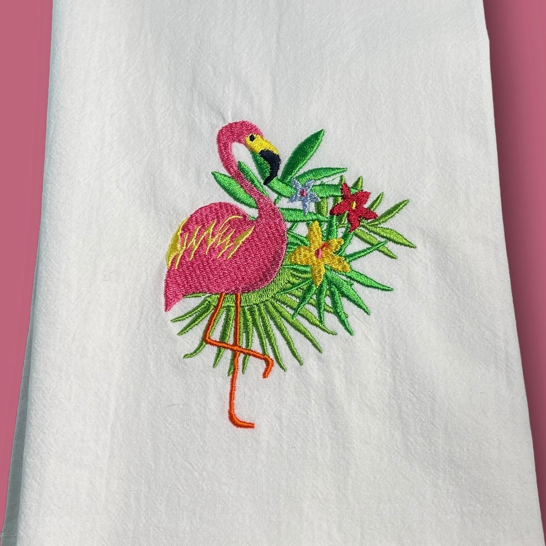 Embroidered Tea Towel - Flamingo - Tropical Flowers