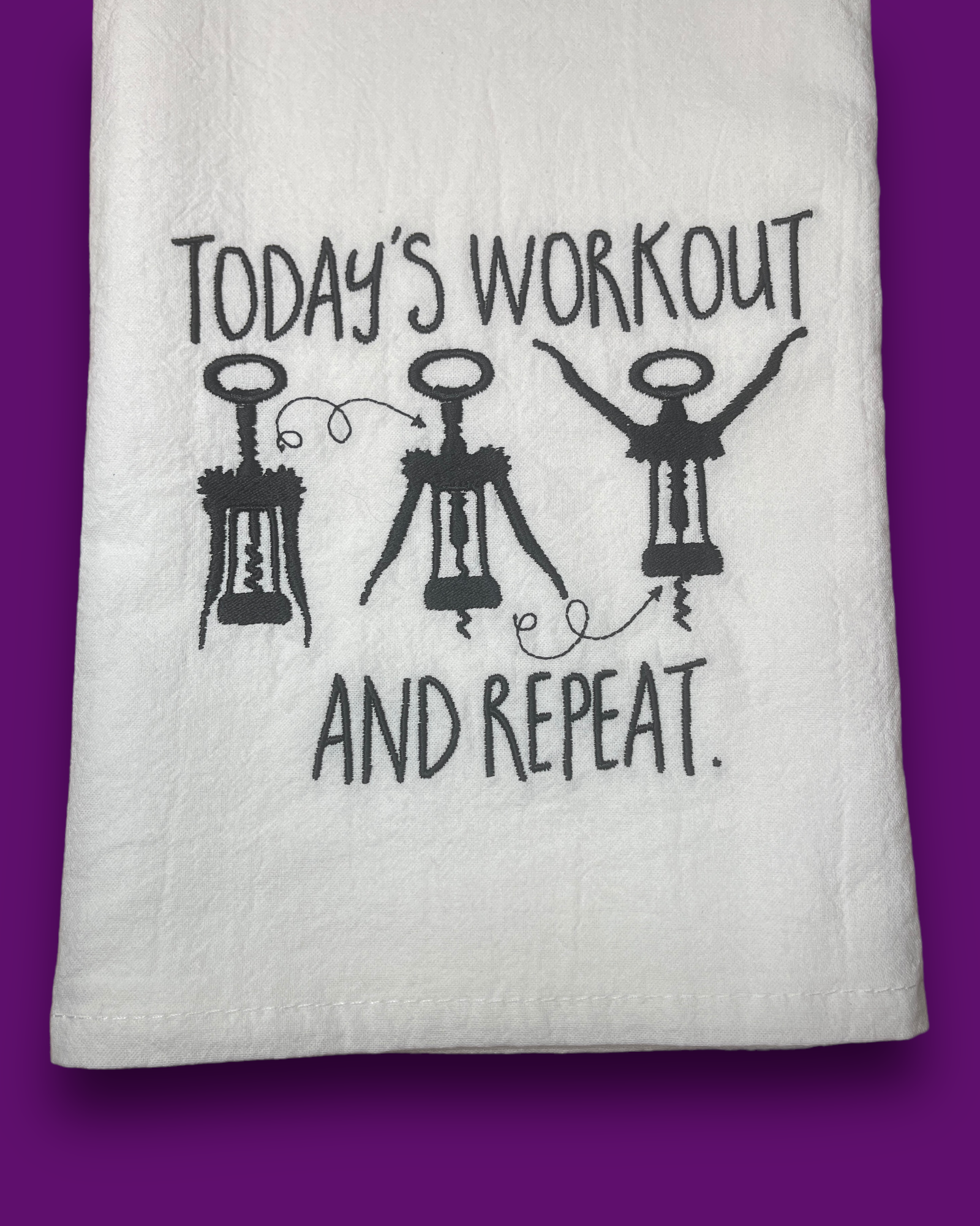 Embroidered Tea Towel - Wine Opener Workout