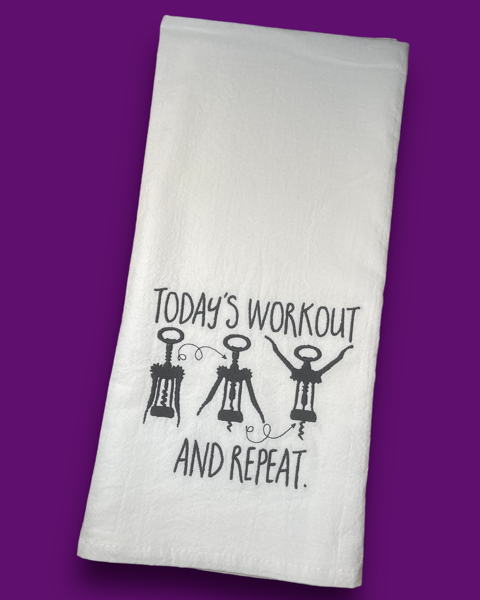 Embroidered Tea Towel - Wine Opener Workout