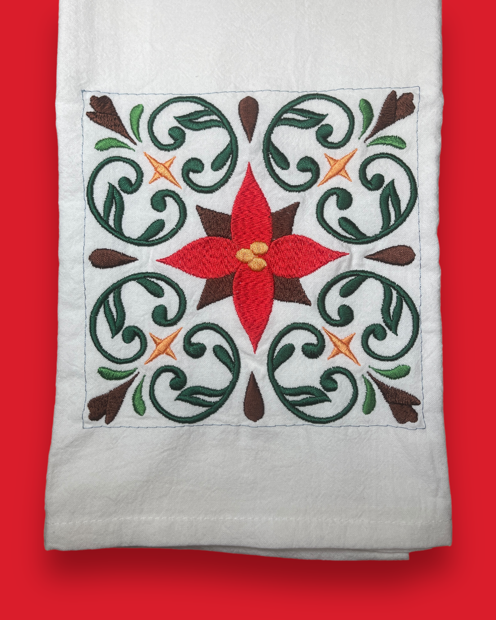 Embroidered Tea Towel - Christmas Poinsettia Quilt Square