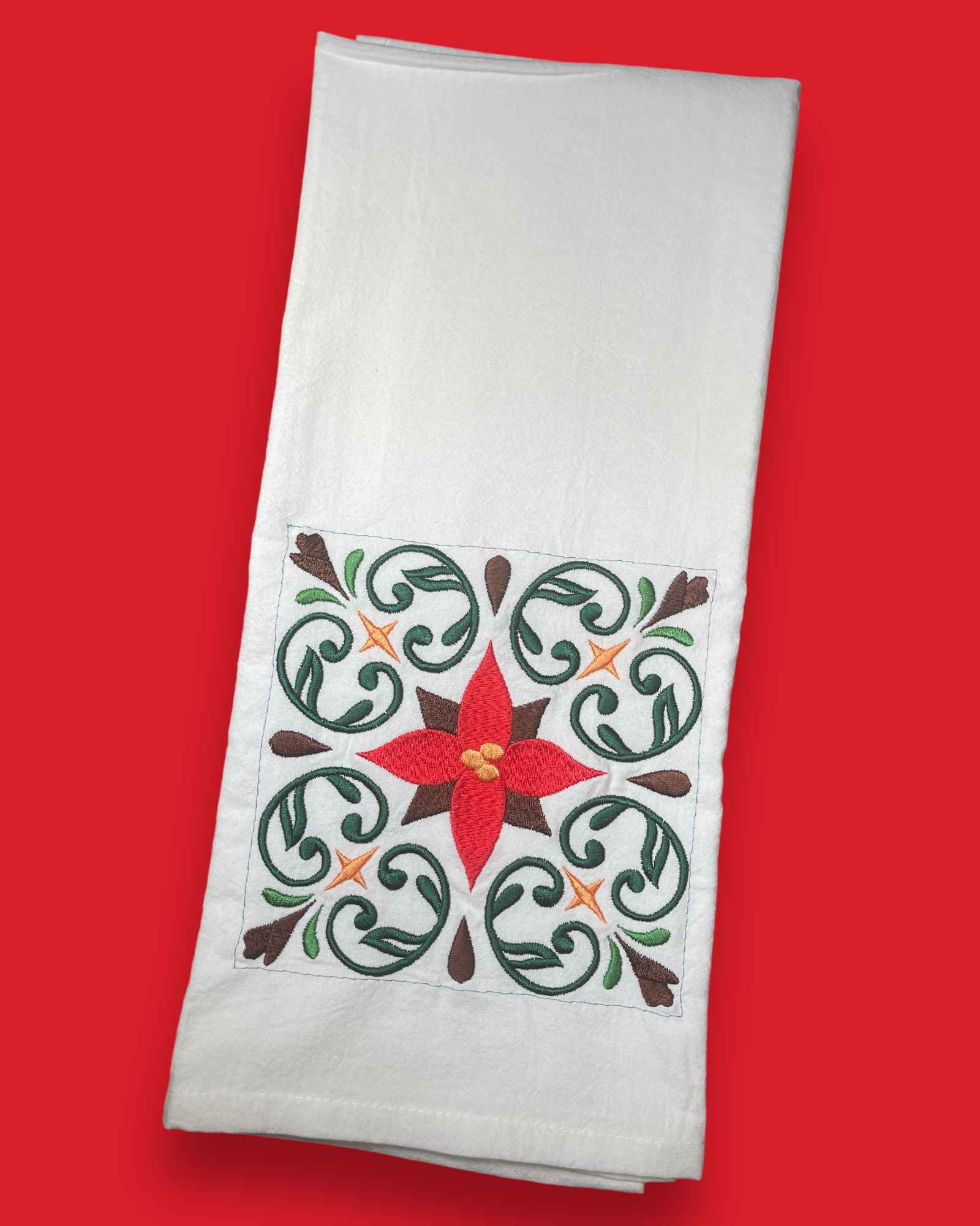 Embroidered Tea Towel - Christmas Poinsettia Quilt Square