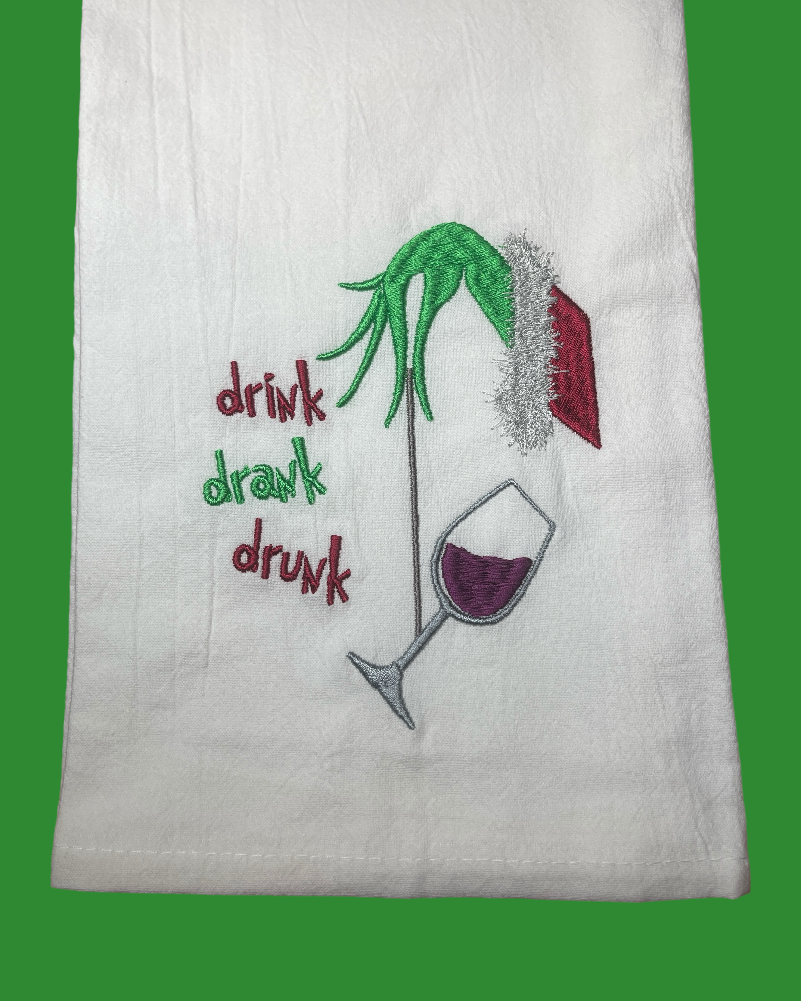 Embroidered Tea Towel - Christmas - Drink, Drank, Drunk