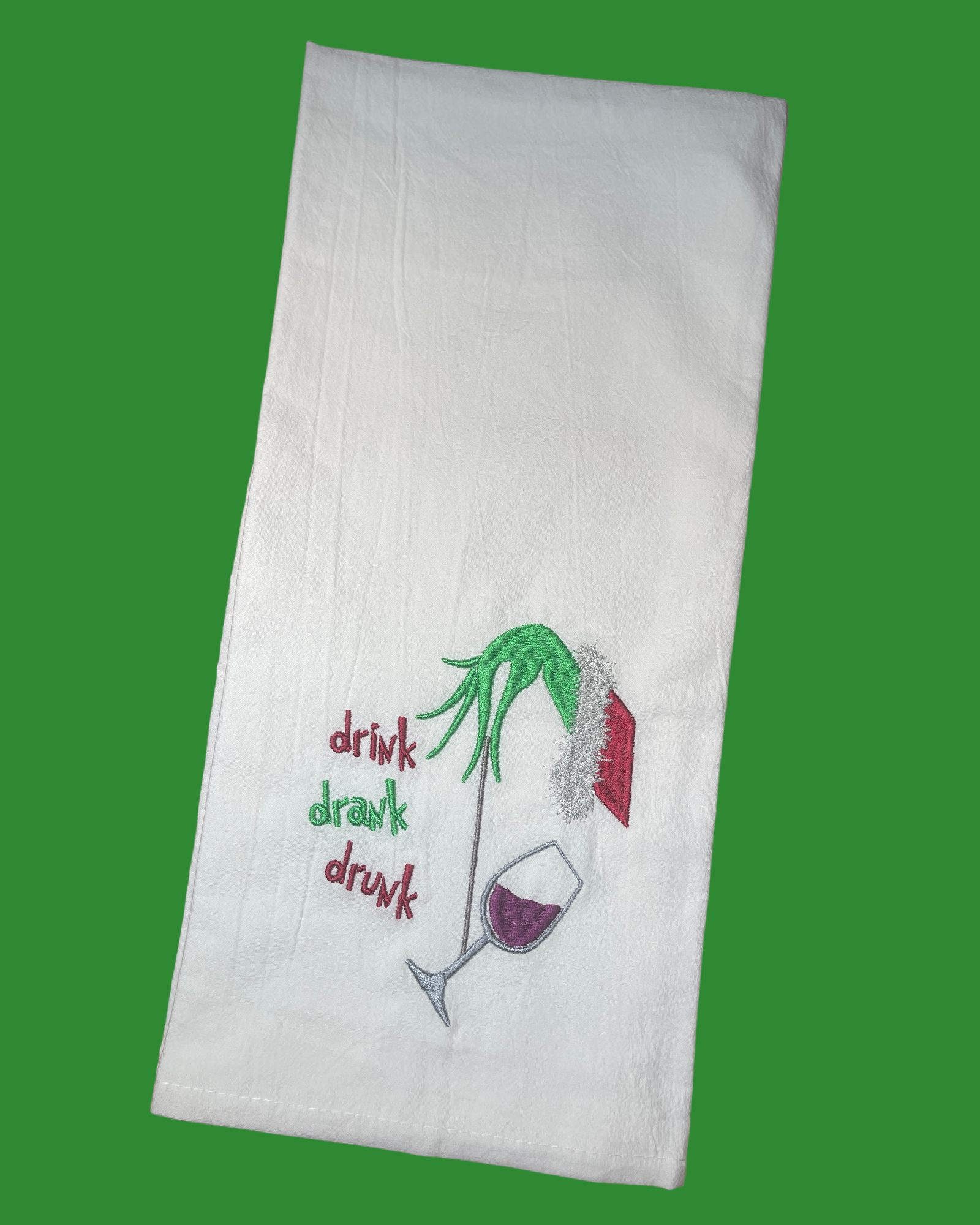 Embroidered Tea Towel - Christmas - Drink, Drank, Drunk