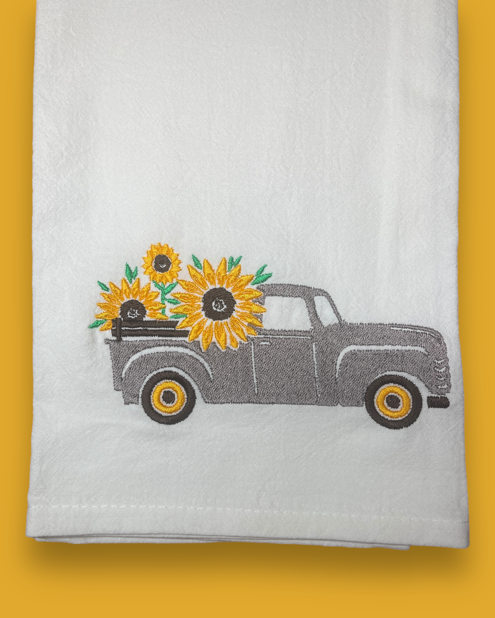 Embroidered Tea Towel - Antique Truck And Sunflowers