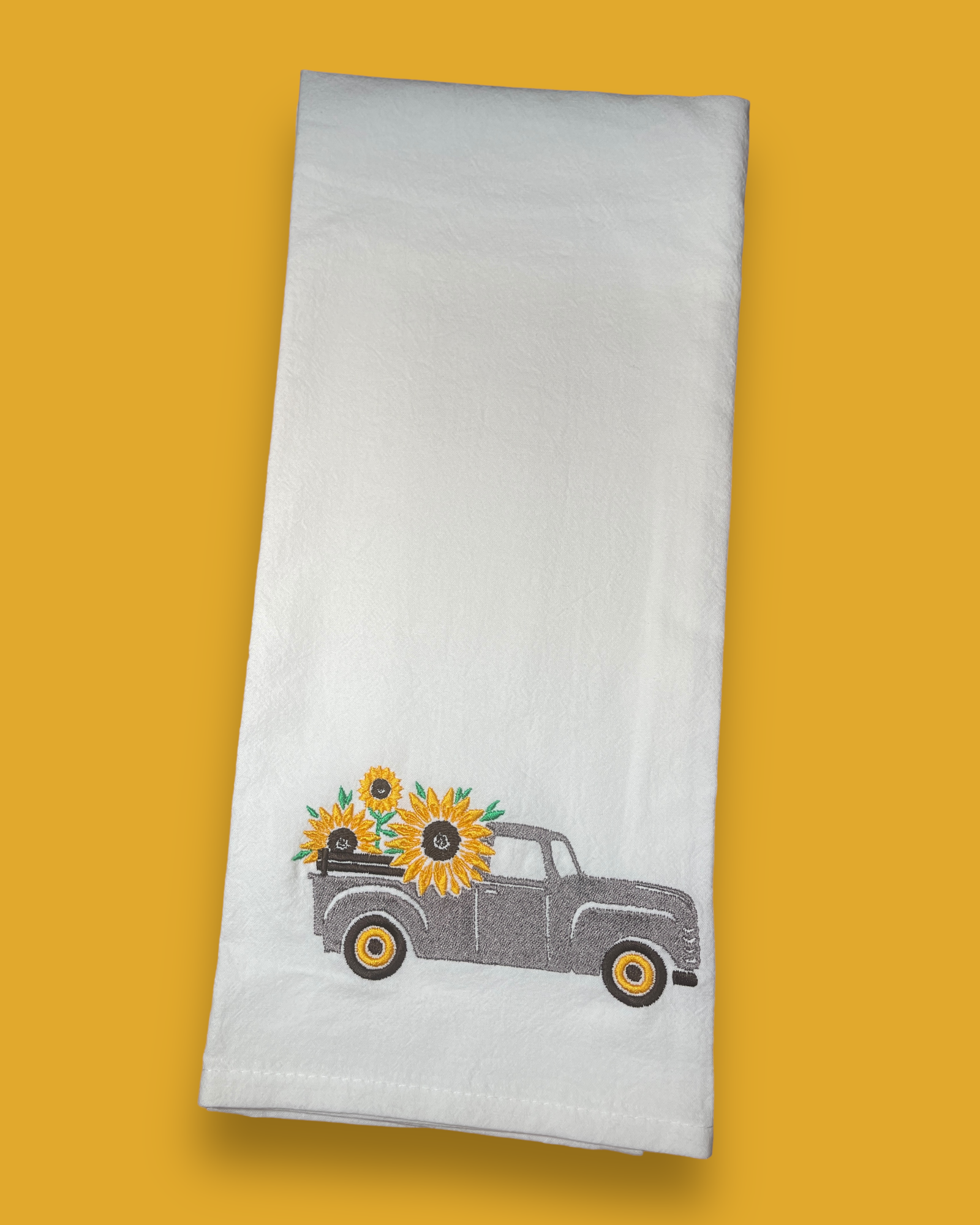 Embroidered Tea Towel - Antique Truck And Sunflowers