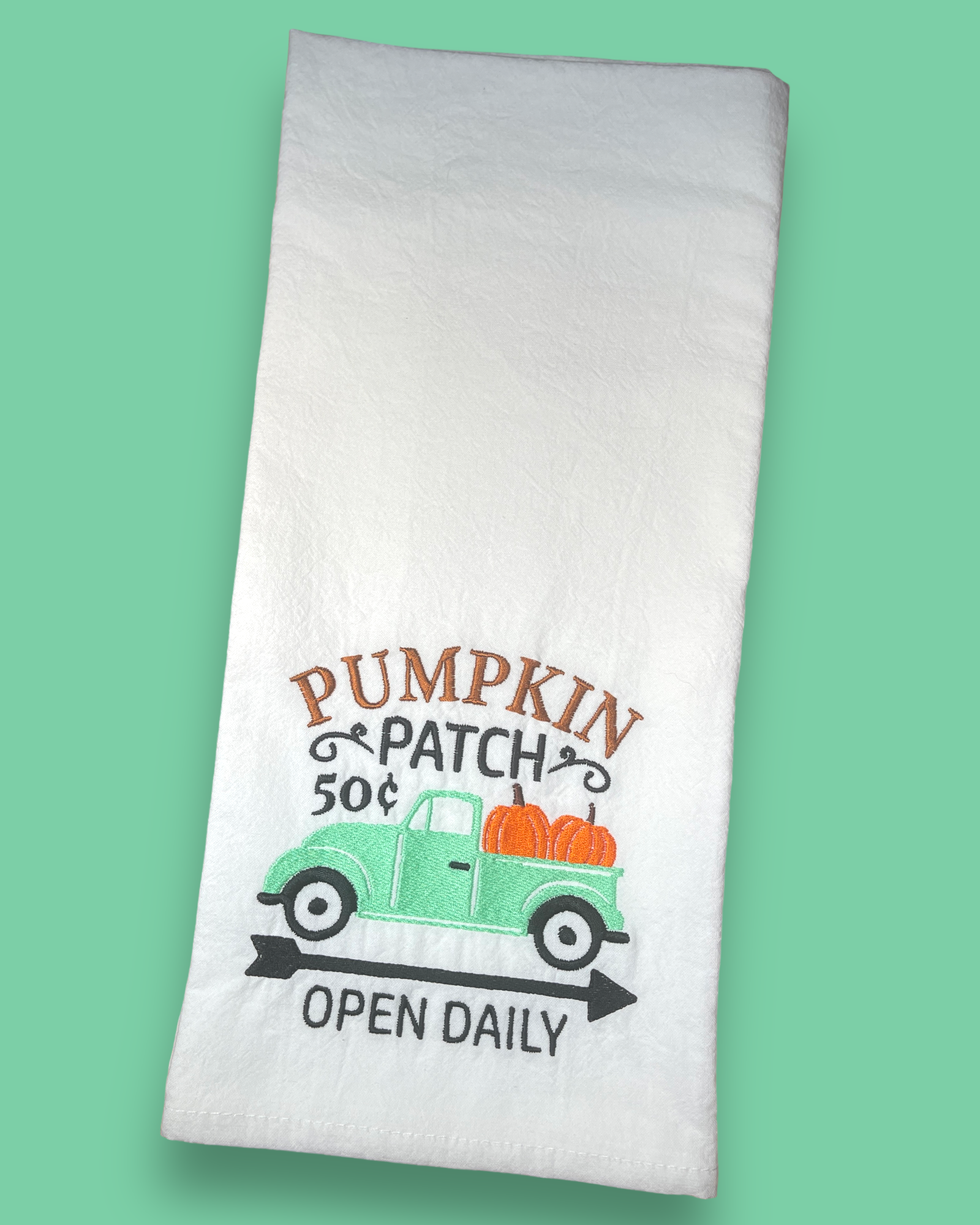 Embroidered Tea Towel - Pumpkin Patch Open Daily