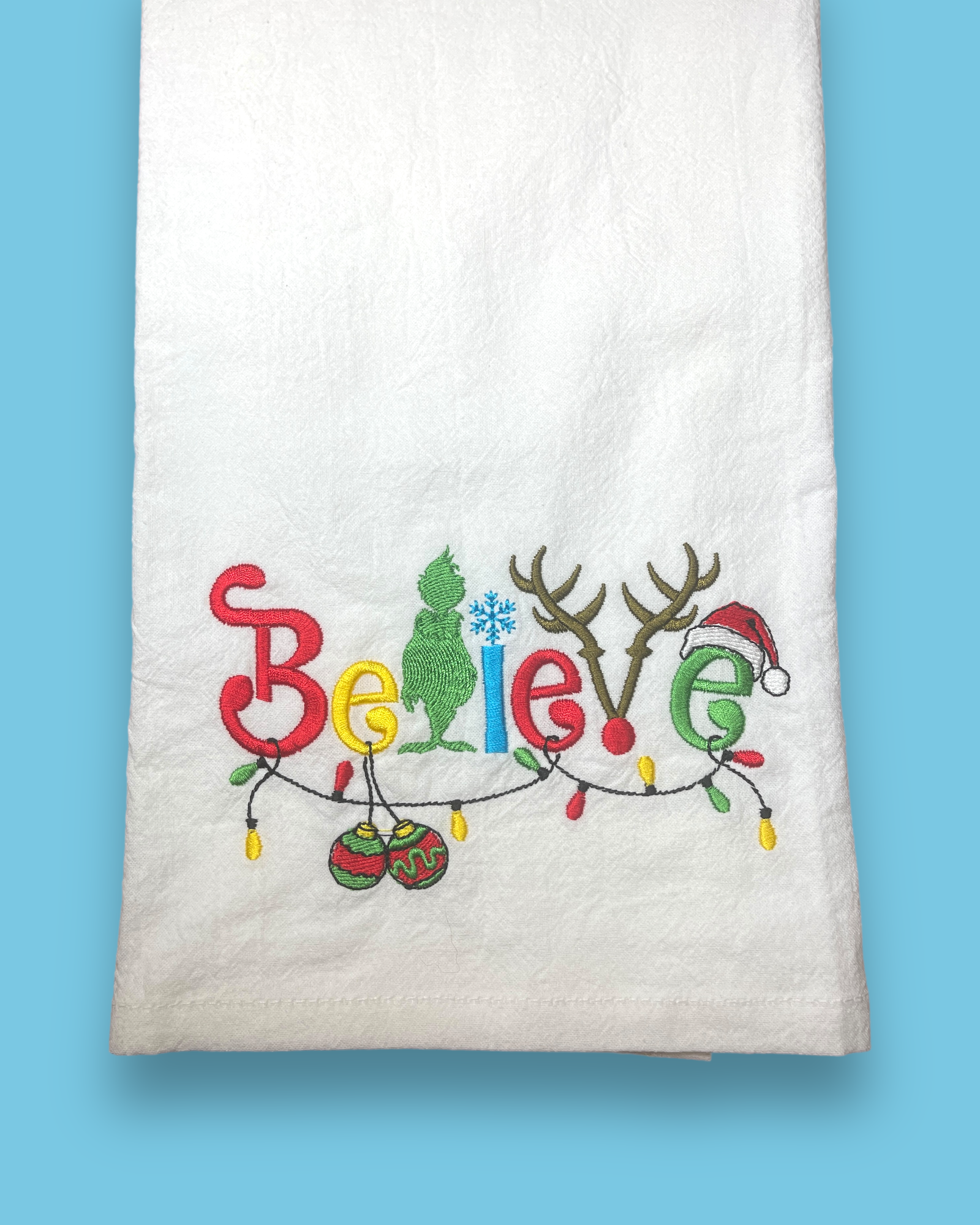 Embroidered Tea Towel - Christmas "Believe"