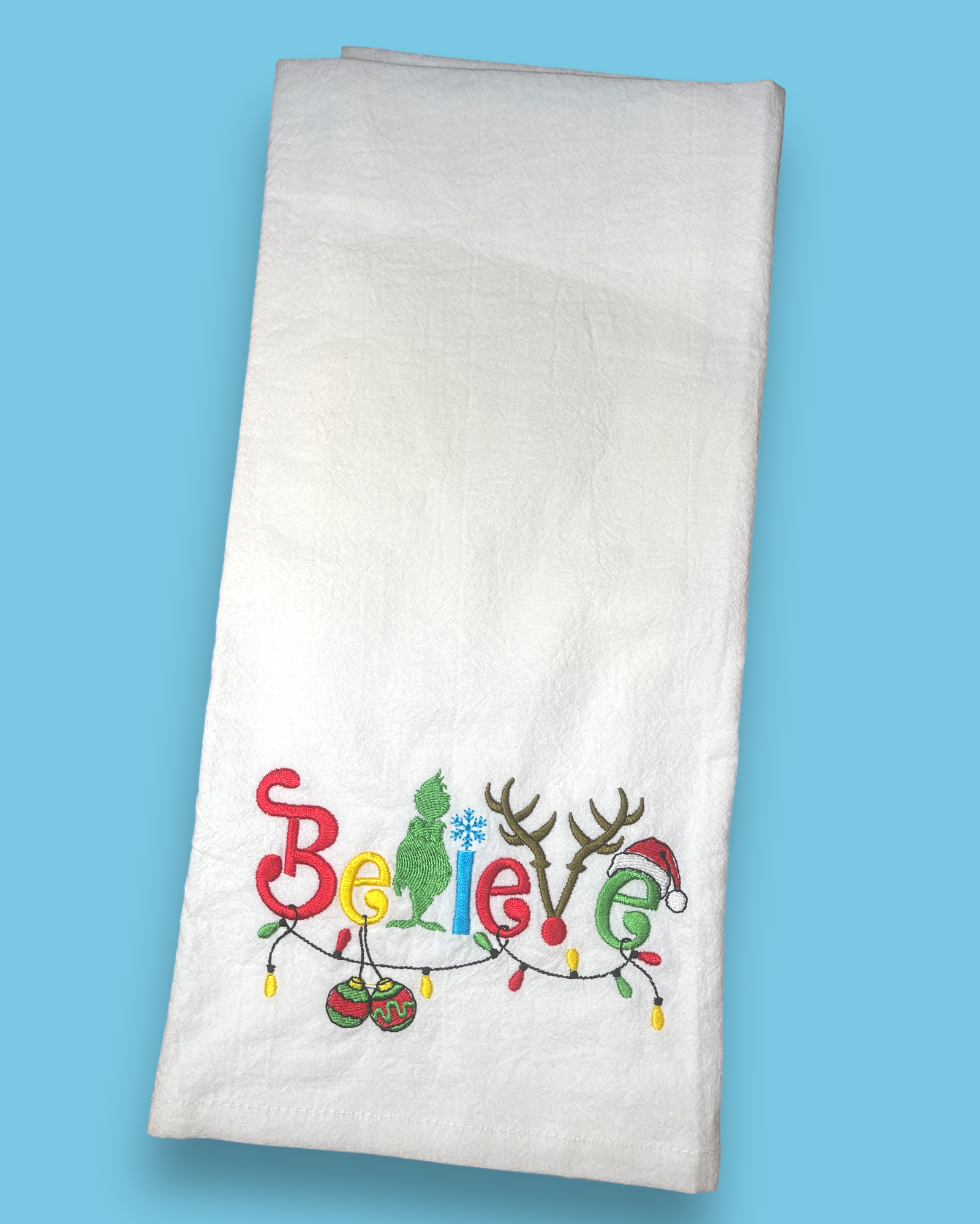 Embroidered Tea Towel - Christmas "Believe"