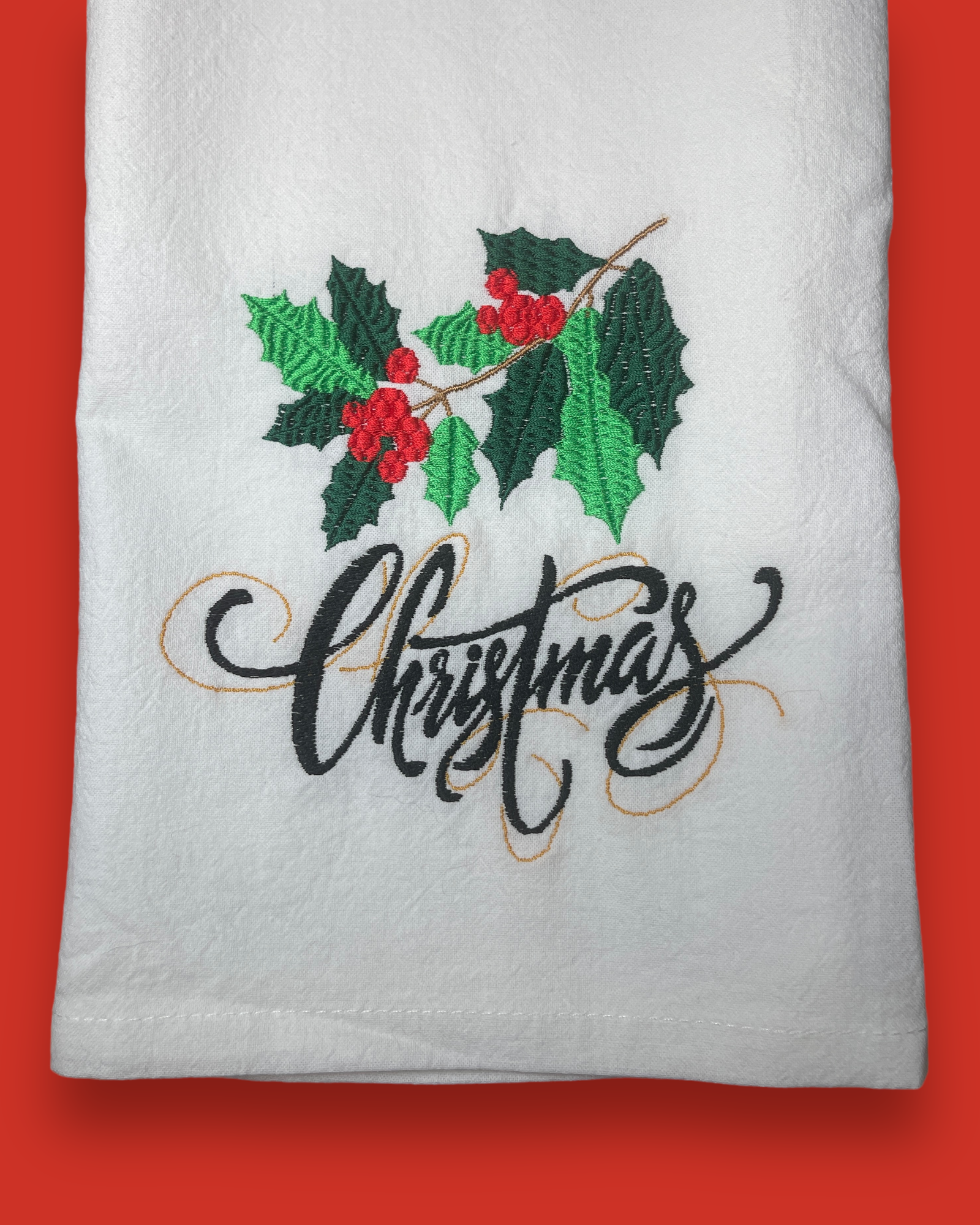 Embroidered Tea Towel - Christmas Holly