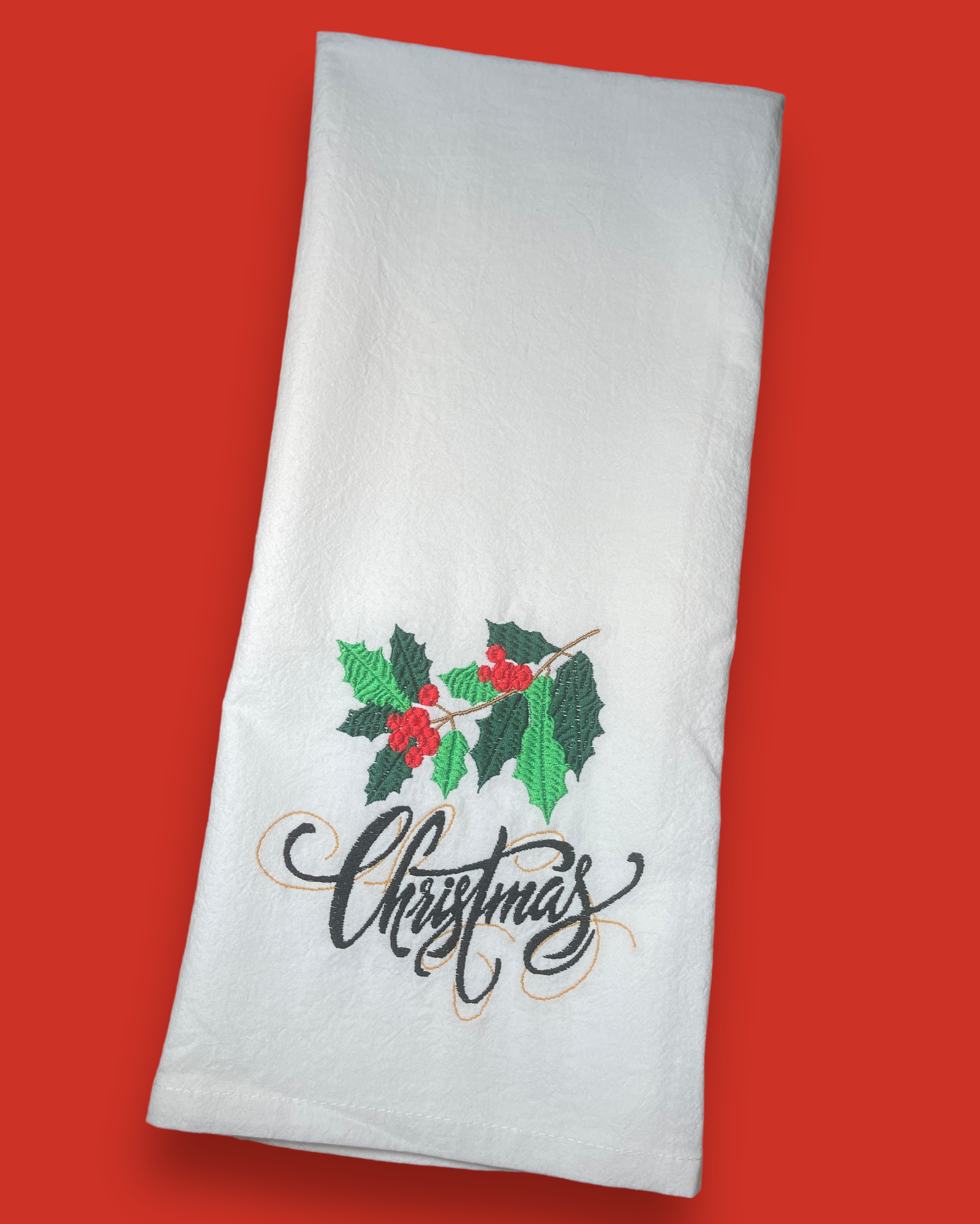 Embroidered Tea Towel - Christmas Holly