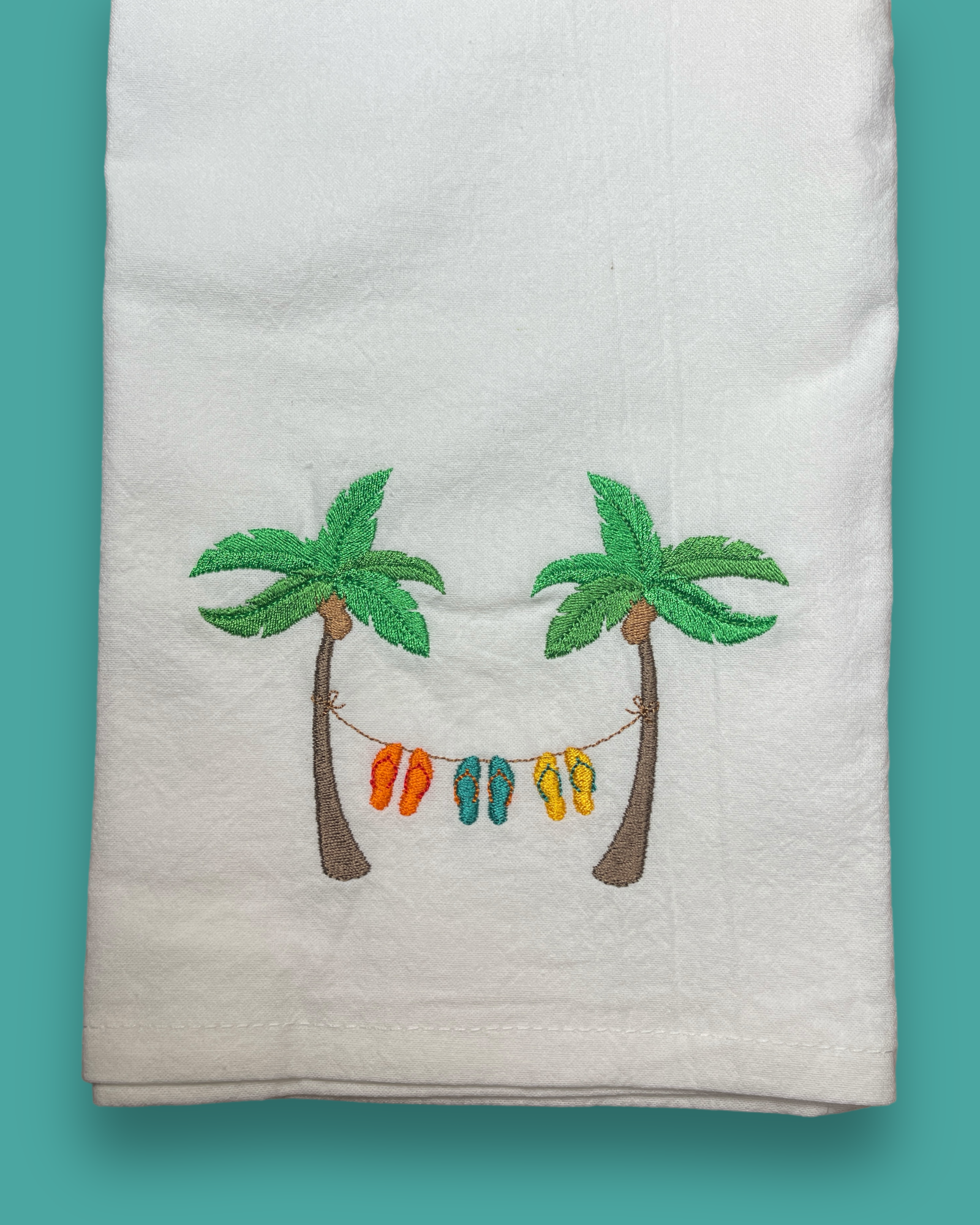 Embroidered Tea Towel - Palms And Flip Flops