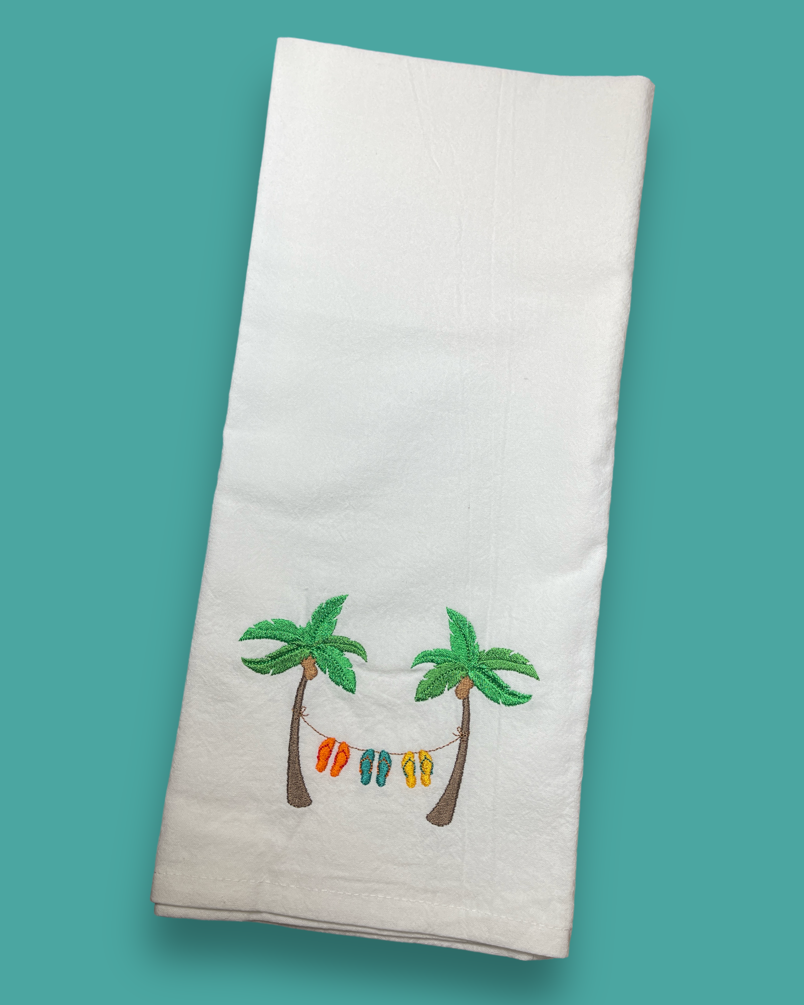 Embroidered Tea Towel - Palms And Flip Flops