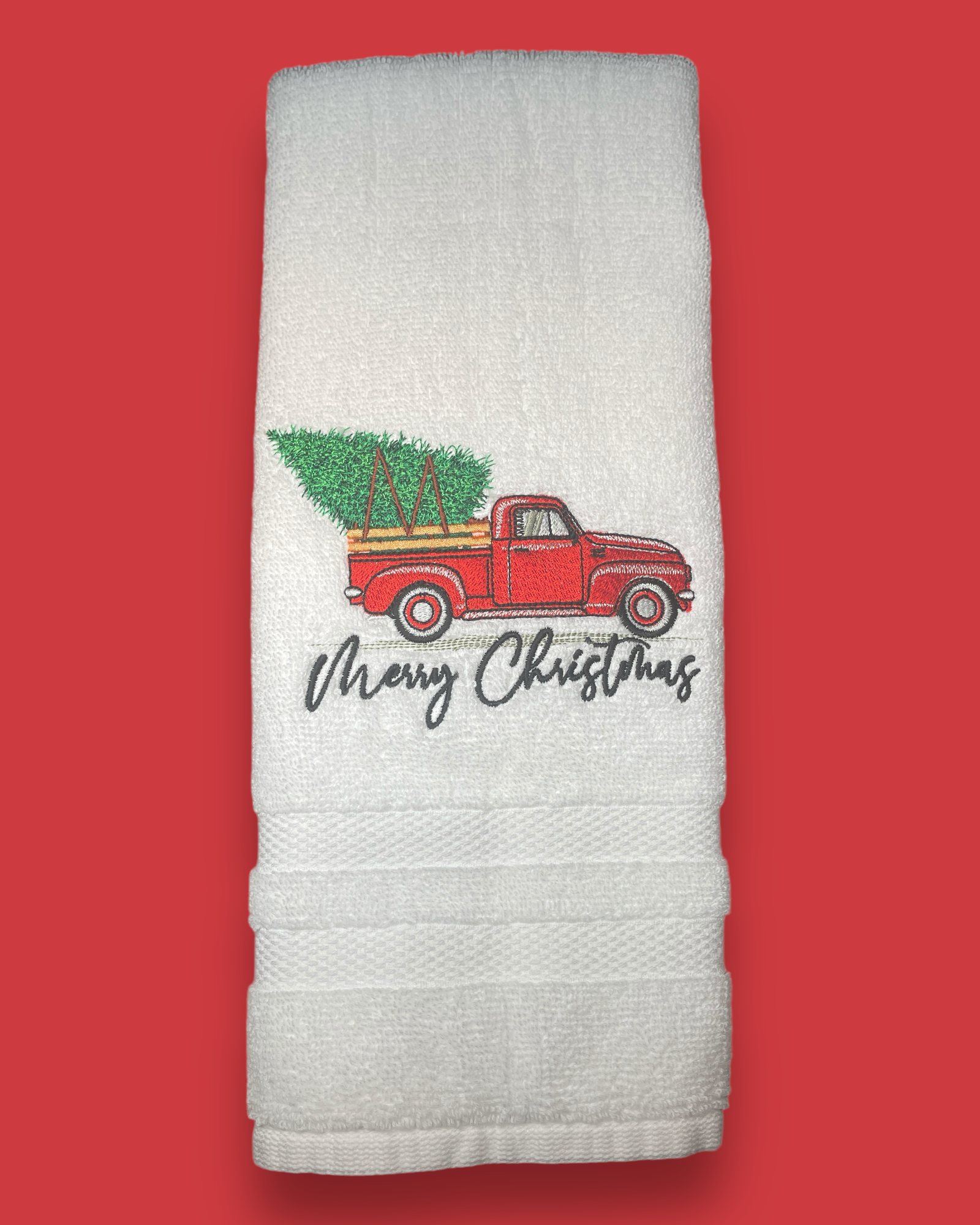 Embroidered Hand Towel - Christmas Tree & Old Truck