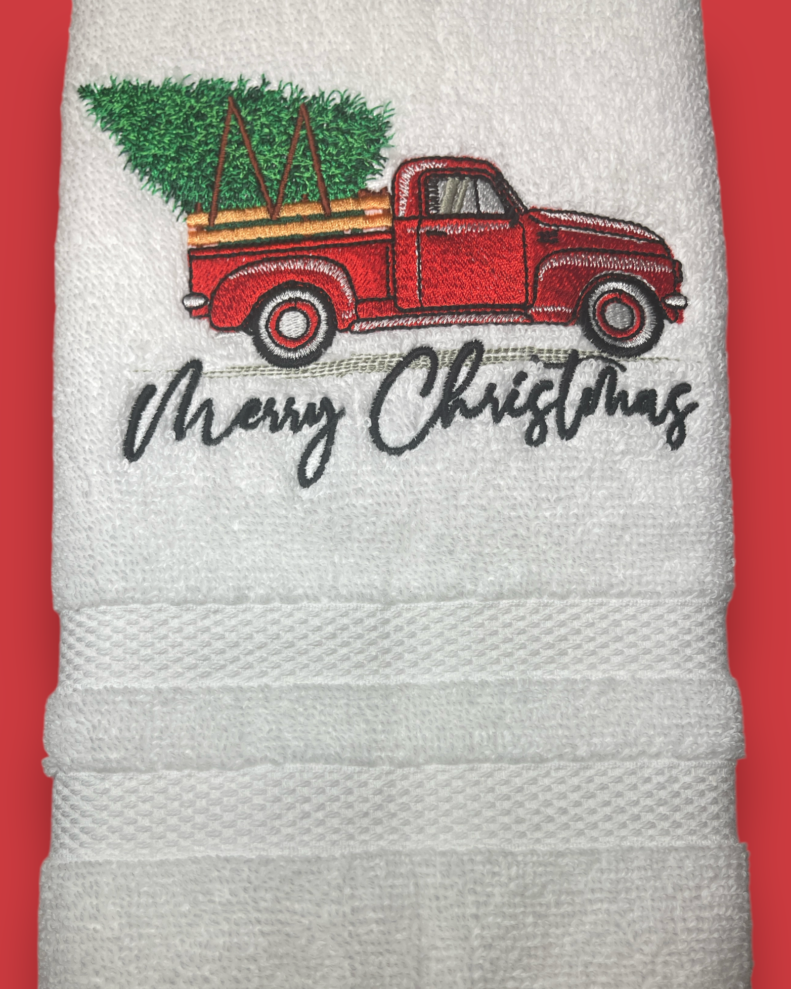 Embroidered Hand Towel - Christmas Tree & Old Truck