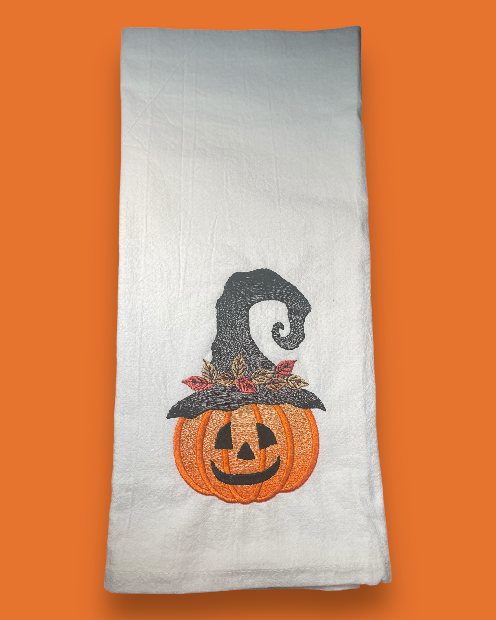 Embroidered Tea Towel - Jack-O-Lantern Witch