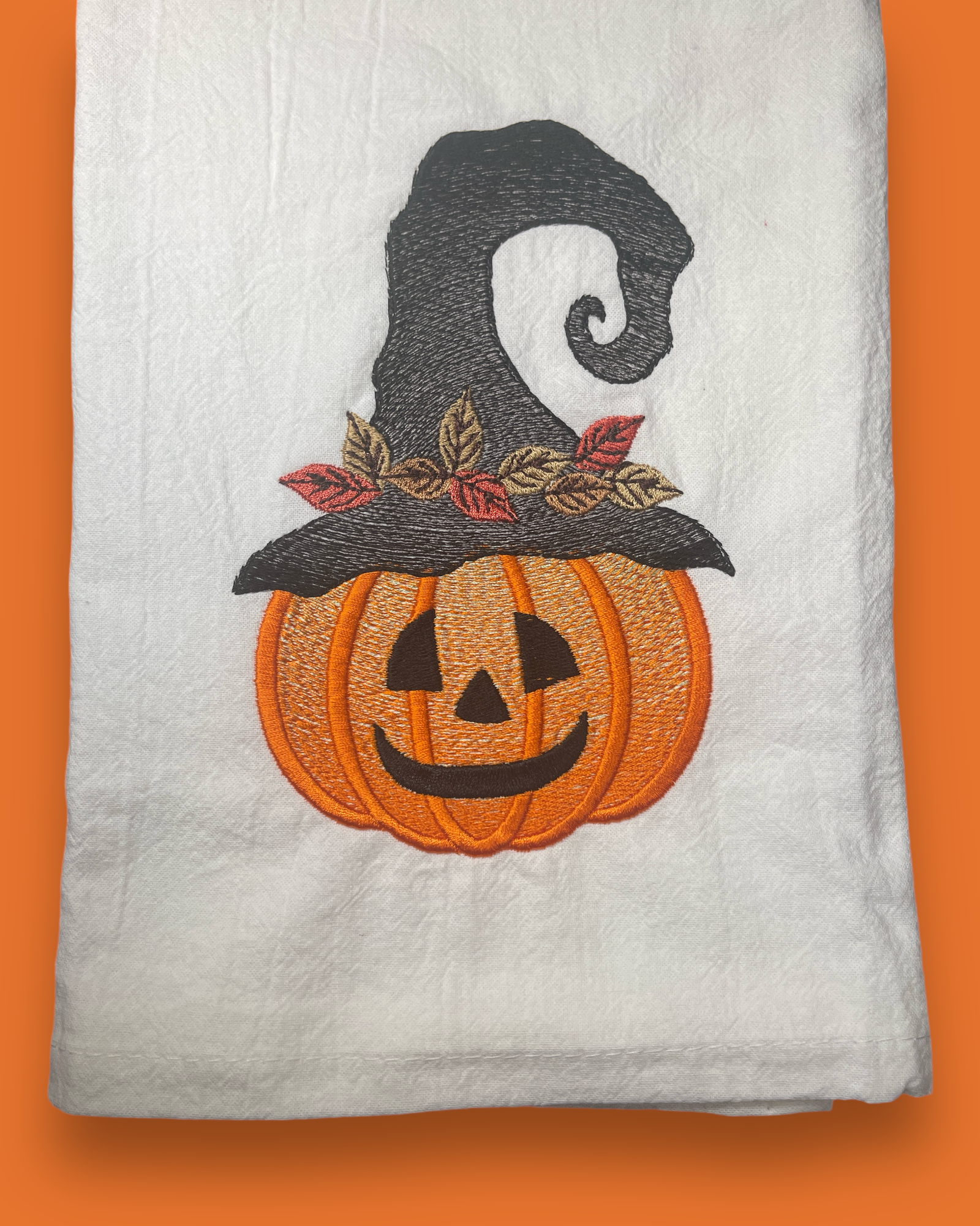 Embroidered Tea Towel - Jack-O-Lantern Witch