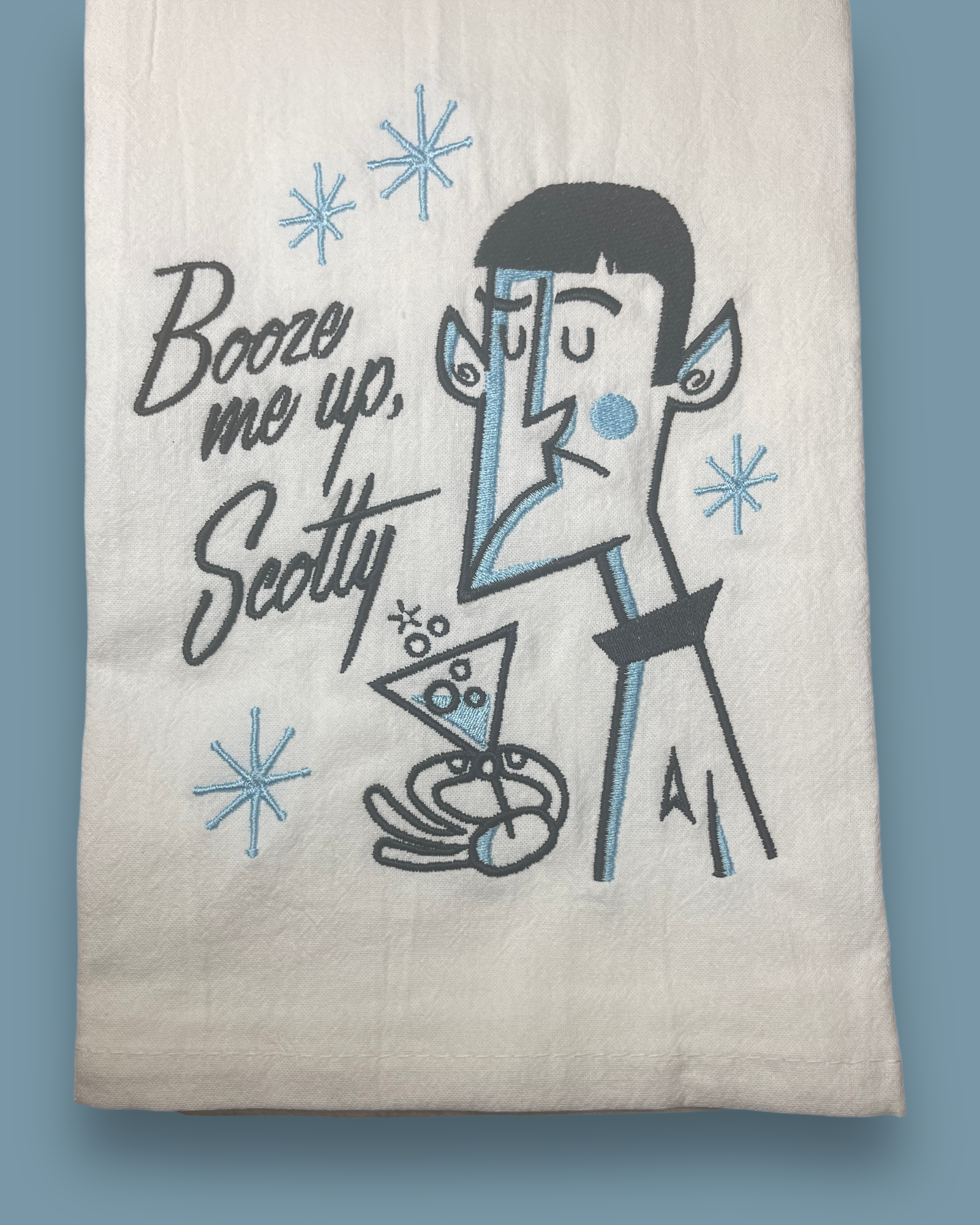 Embroidered Tea Towel - Booze Me Up, Scotty