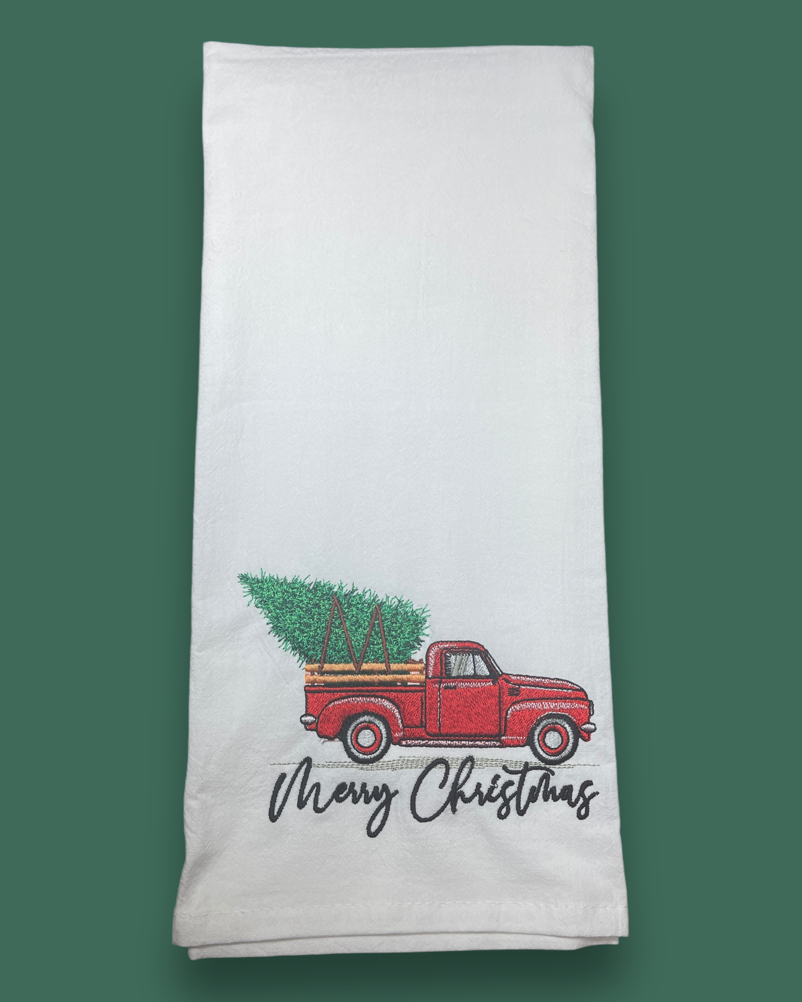 Embroidered Tea Towel - Christmas Tree & Old Truck