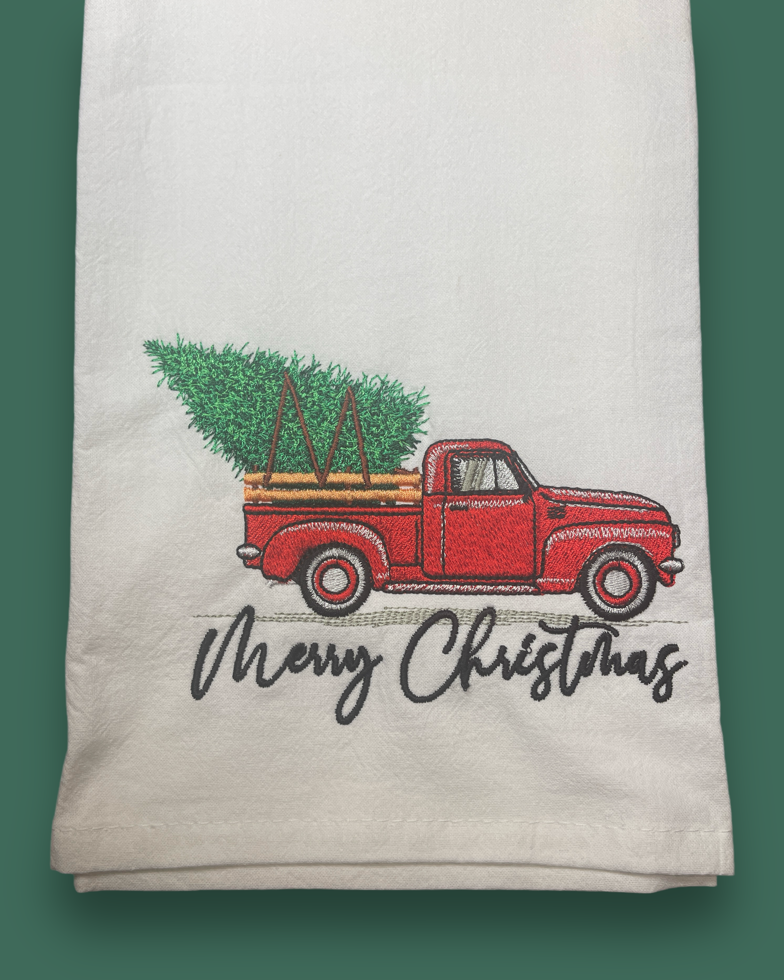 Embroidered Tea Towel - Christmas Tree & Old Truck