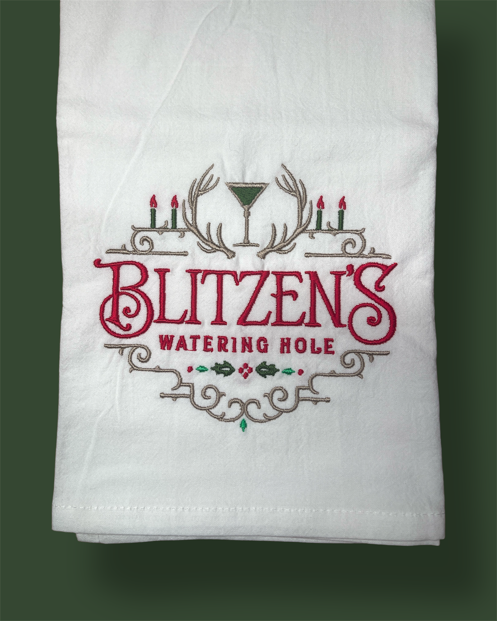 Embroidered Tea Towel - Blitzen's Watering Hole