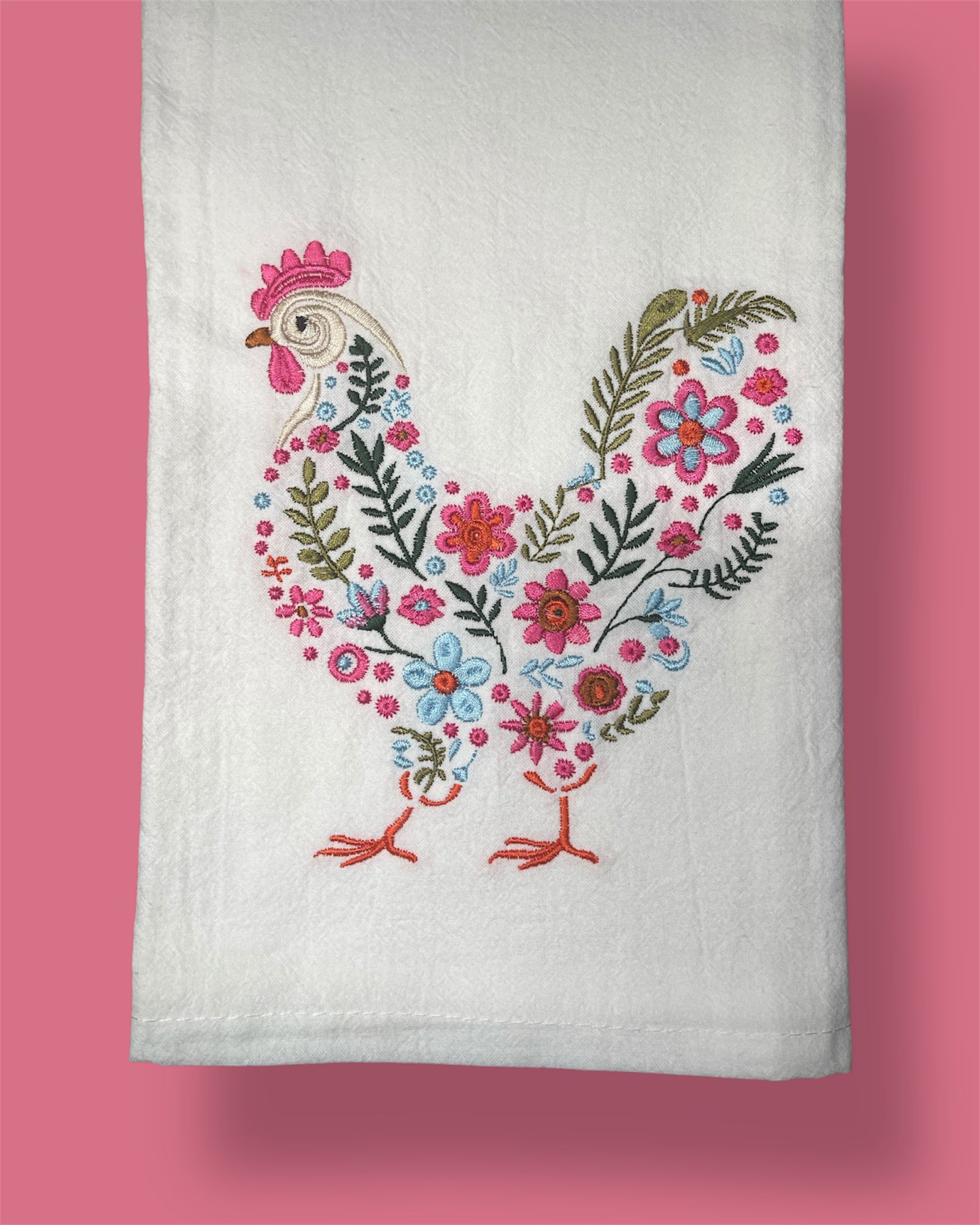 Embroidered Tea Towel - Floral Chicken