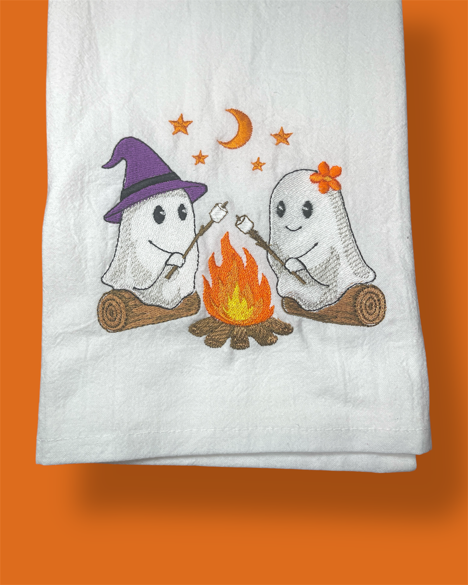 Embroidered Tea Towel - Spooky Campfire