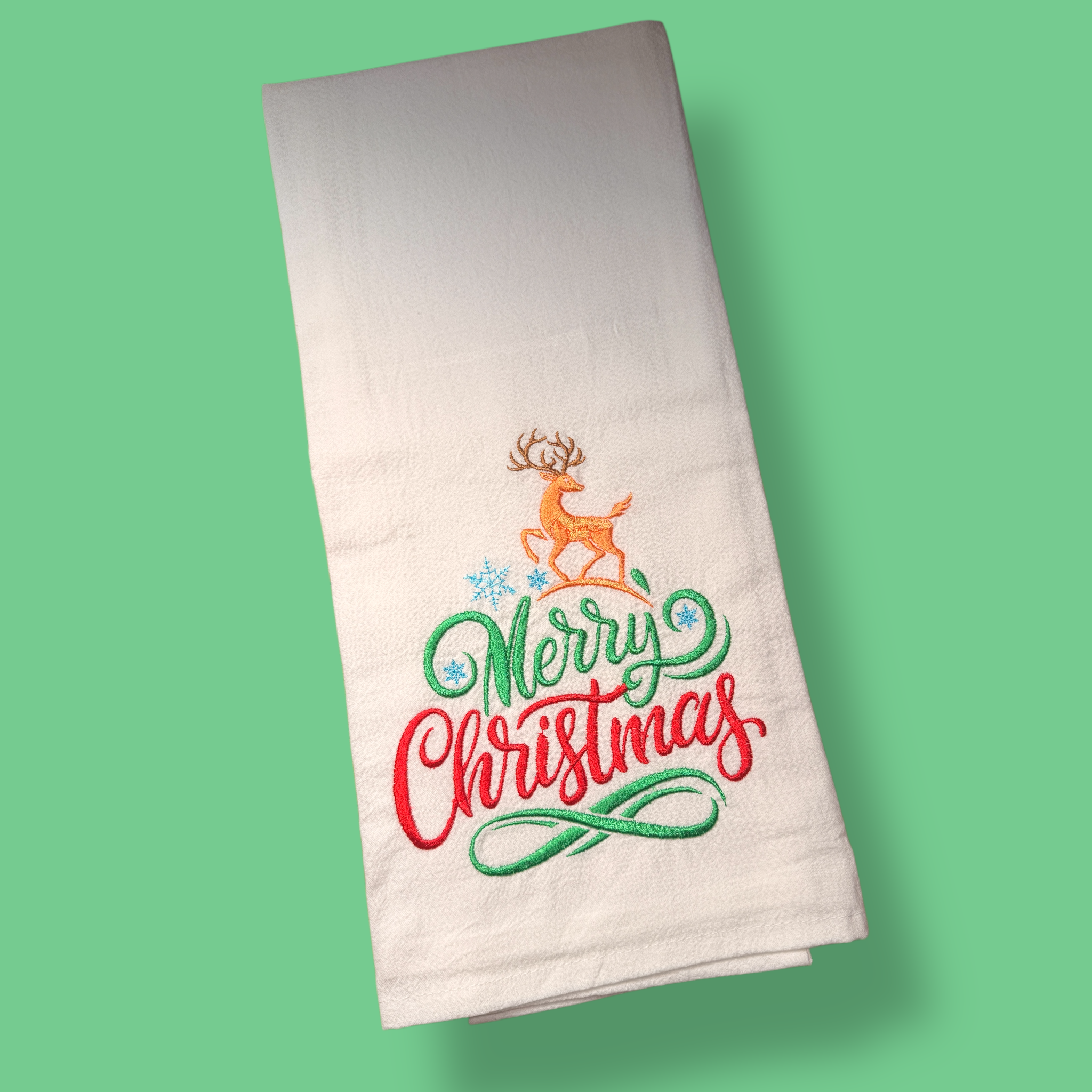 Embroidered Tea Towel - Merry Christmas Reindeer