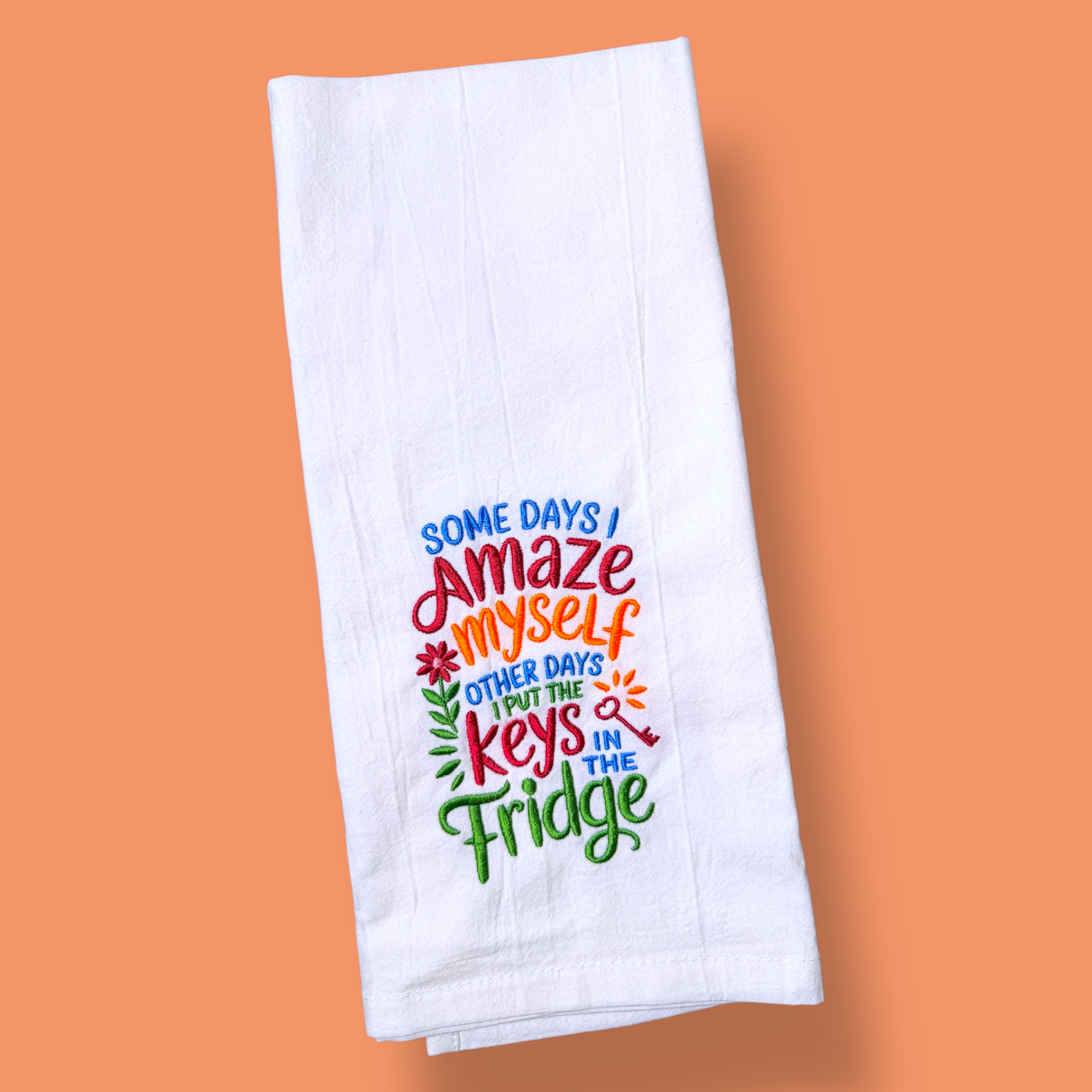 Embroidered Tea Towel - Keys In The Fridge