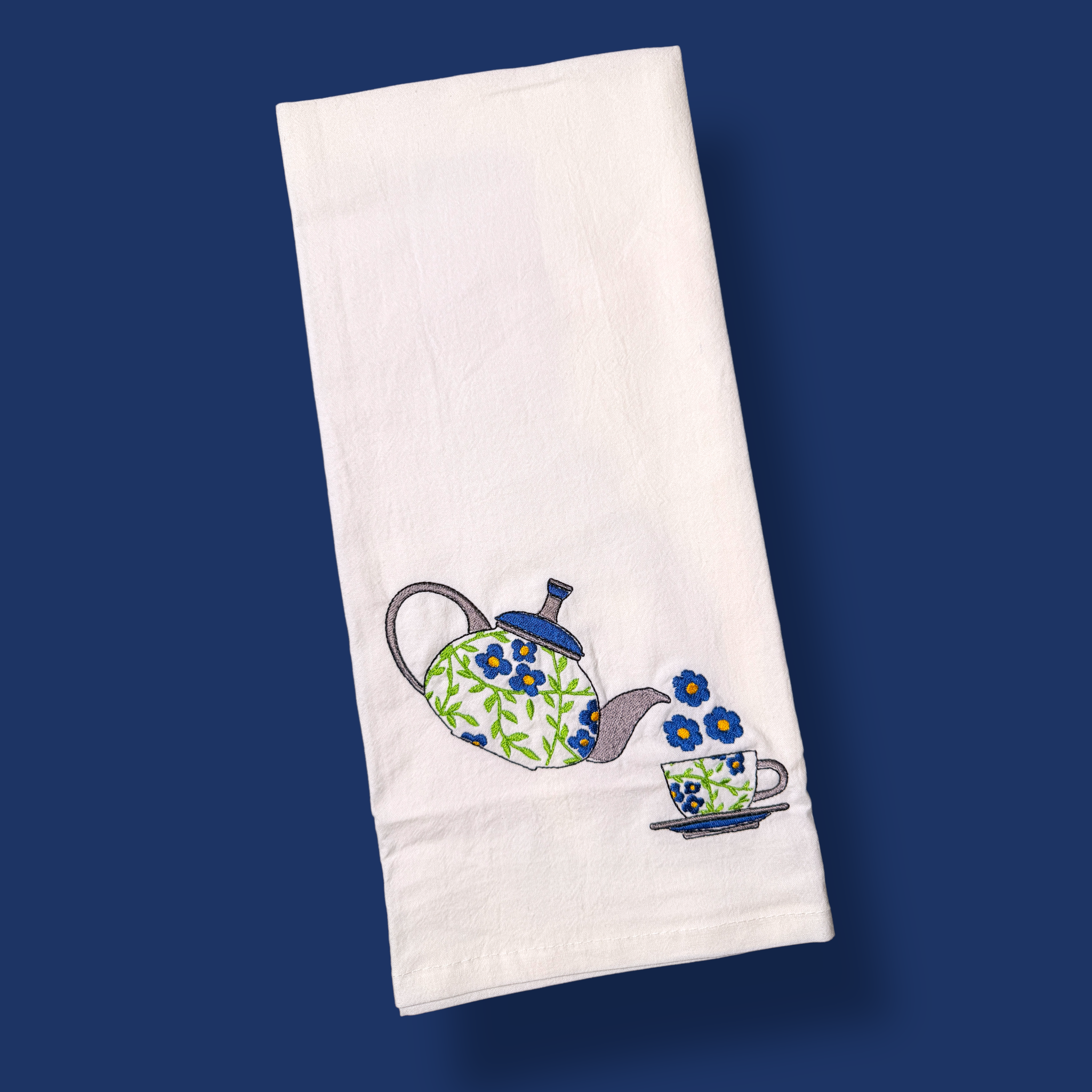Embroidered Tea Towel - Teapot And Cup