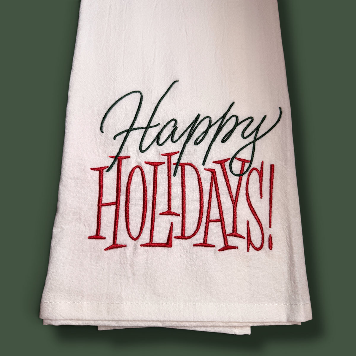 Embroidered Tea Towel - Happy Holidays- Retro